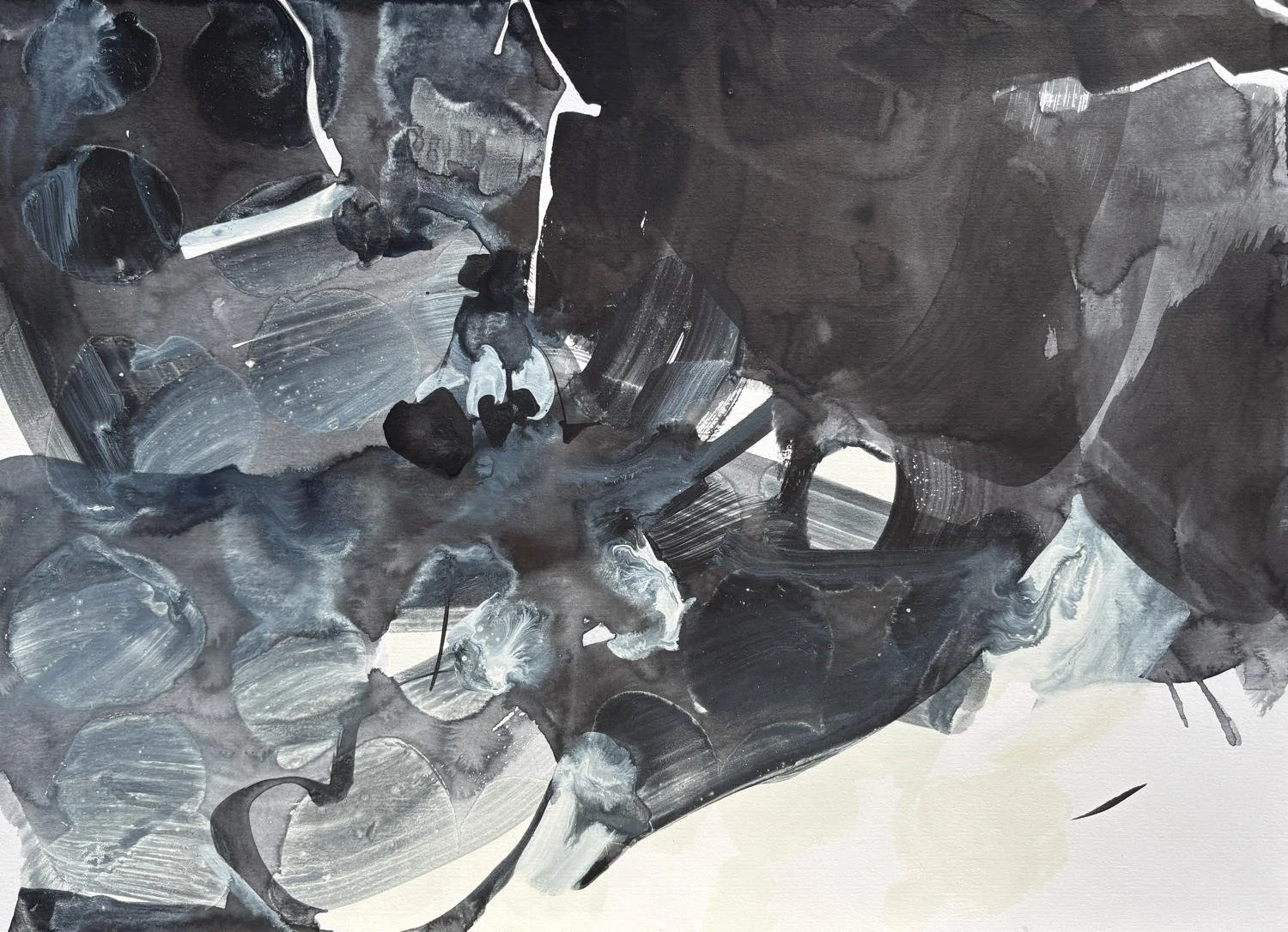 Expressive abstract monochrome watercolour painting 'The Weight of Water, Birsay 1' with round stones in falling waves