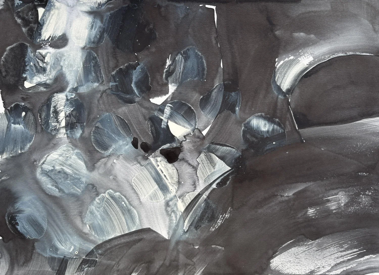 Expressive abstract monochrome watercolour painting 'The Weight of Water, Birsay 3' with round stones swirling in falling waves