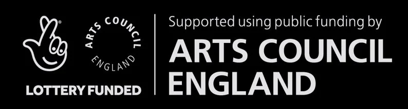 White text on black background with crossed fingers logo and circle of text Arts Council England