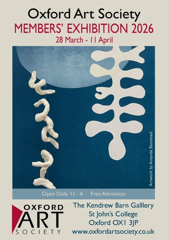Poster for Oxford Art Society Members' Exhibition 2026, with blue abstract image and venue and opening information
