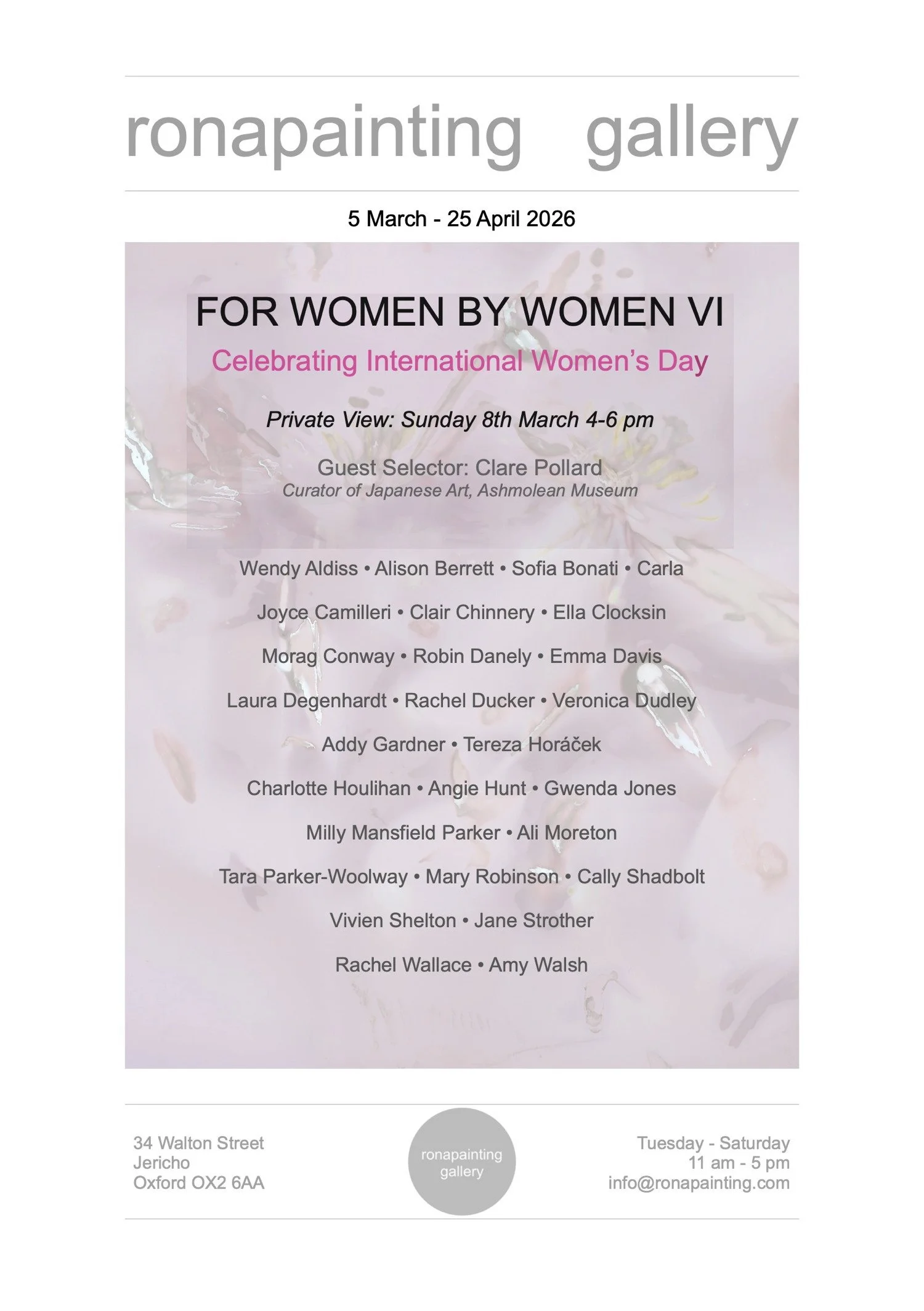 Invitation to ronapainting gallery's For Women By Women VI 2026 exhibition, listing selected artists' names, opening times and address in Jericho, Oxford