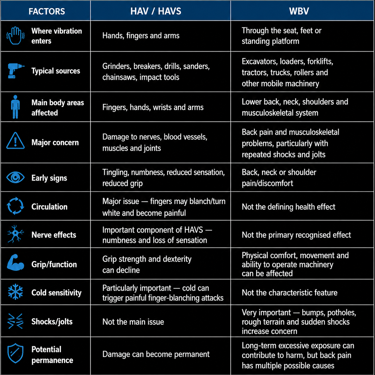 A chart comparing factors, symptoms, and concerns related to HAVS (Hand-Arm Vibration Syndrome) and WBV (Whole Body Vibration). It includes categories such as vibration entry points, typical sources, affected body areas, major concerns, early signs, circulation issues, nerve effects, grip/function, cold sensitivity, shocks/jolts, and potential permanence.