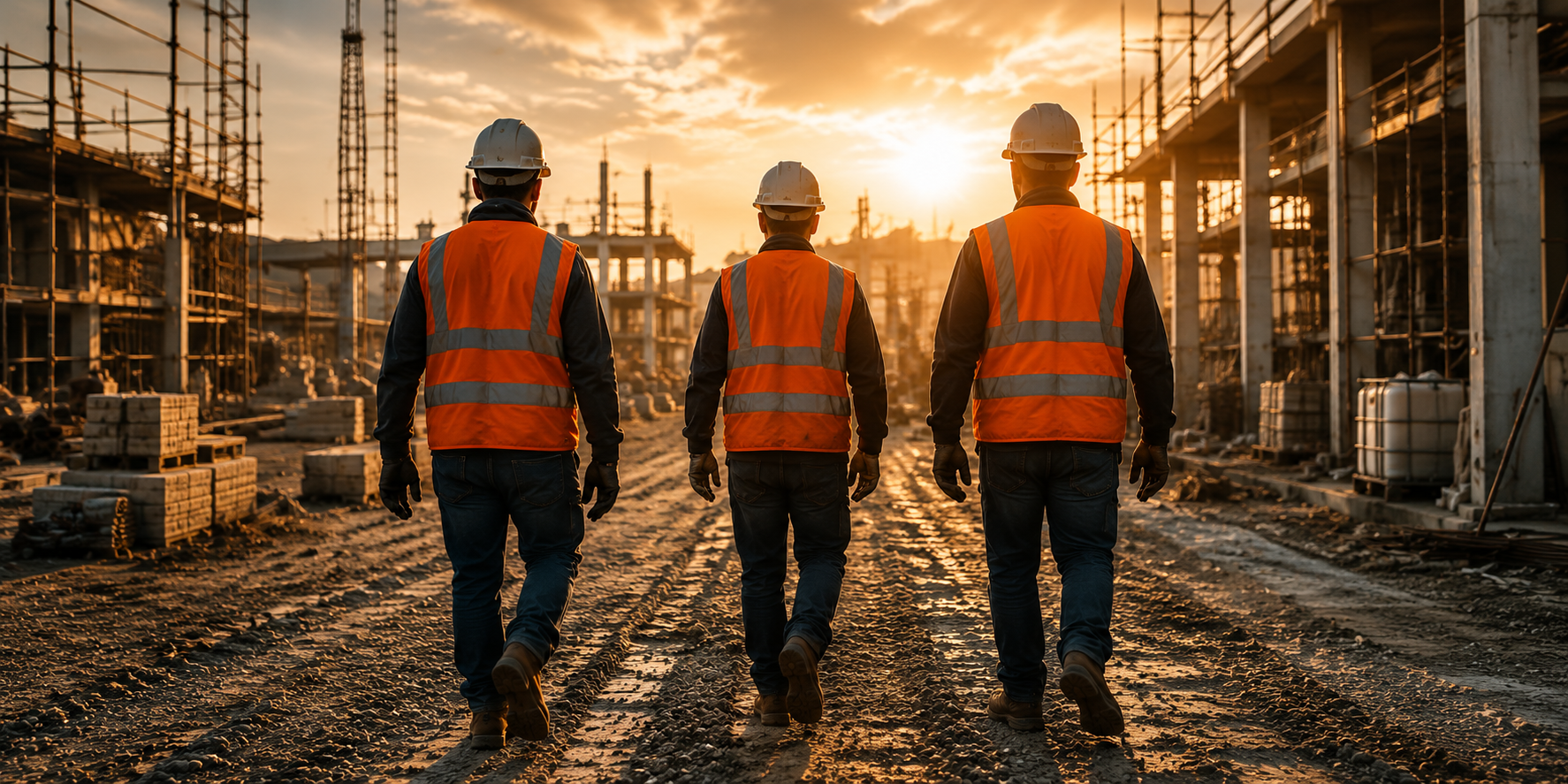 Three construction workers wearing safety helmets and orange reflective vests walk through a construction site during sunset, with partially built structures and scaffolding around.