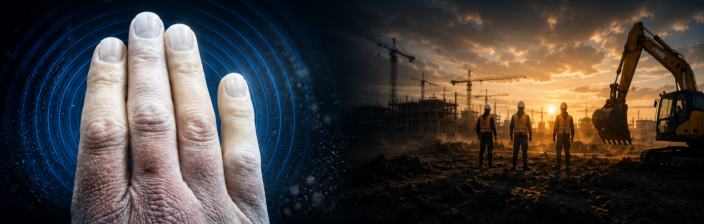 Split image of a close-up of an elderly hand with digital overlay on the left, and a construction site with workers and cranes during sunset on the right.