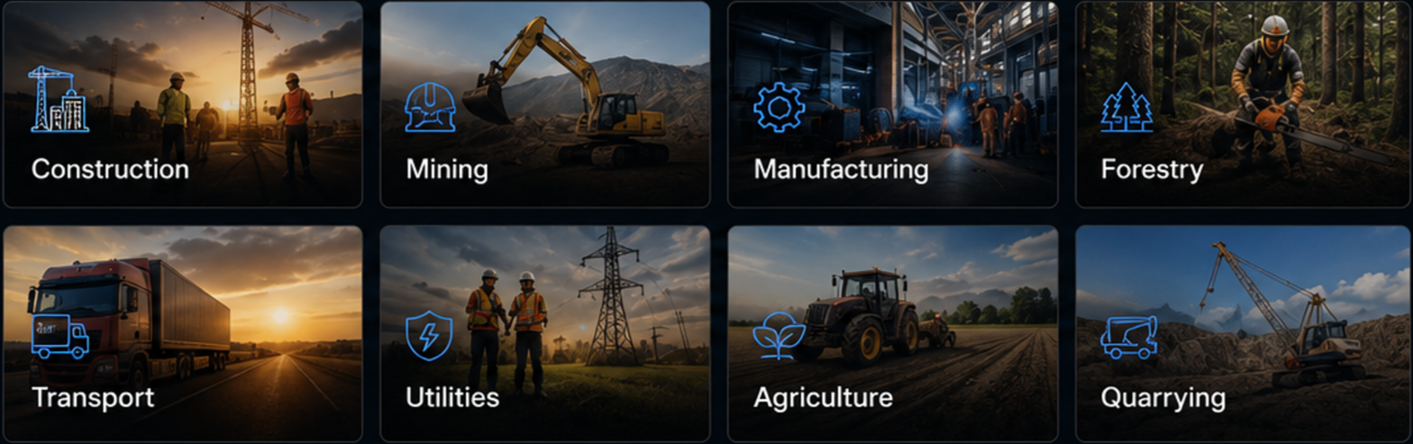 An infographic showing various industrial sectors: construction, mining, manufacturing, forestry, transport, utilities, agriculture, and quarrying.