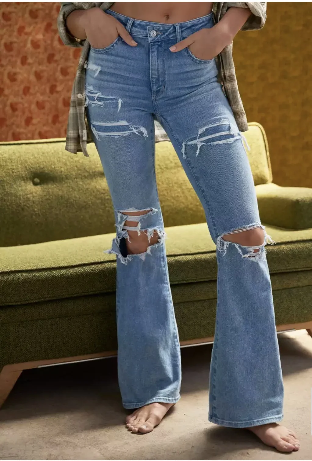 Distressed flare leg jeans