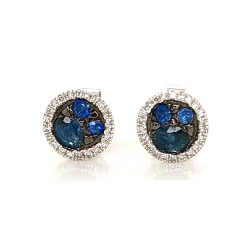 Round Cut Sapphire Halo Stud Earrings, 14K White Gold
