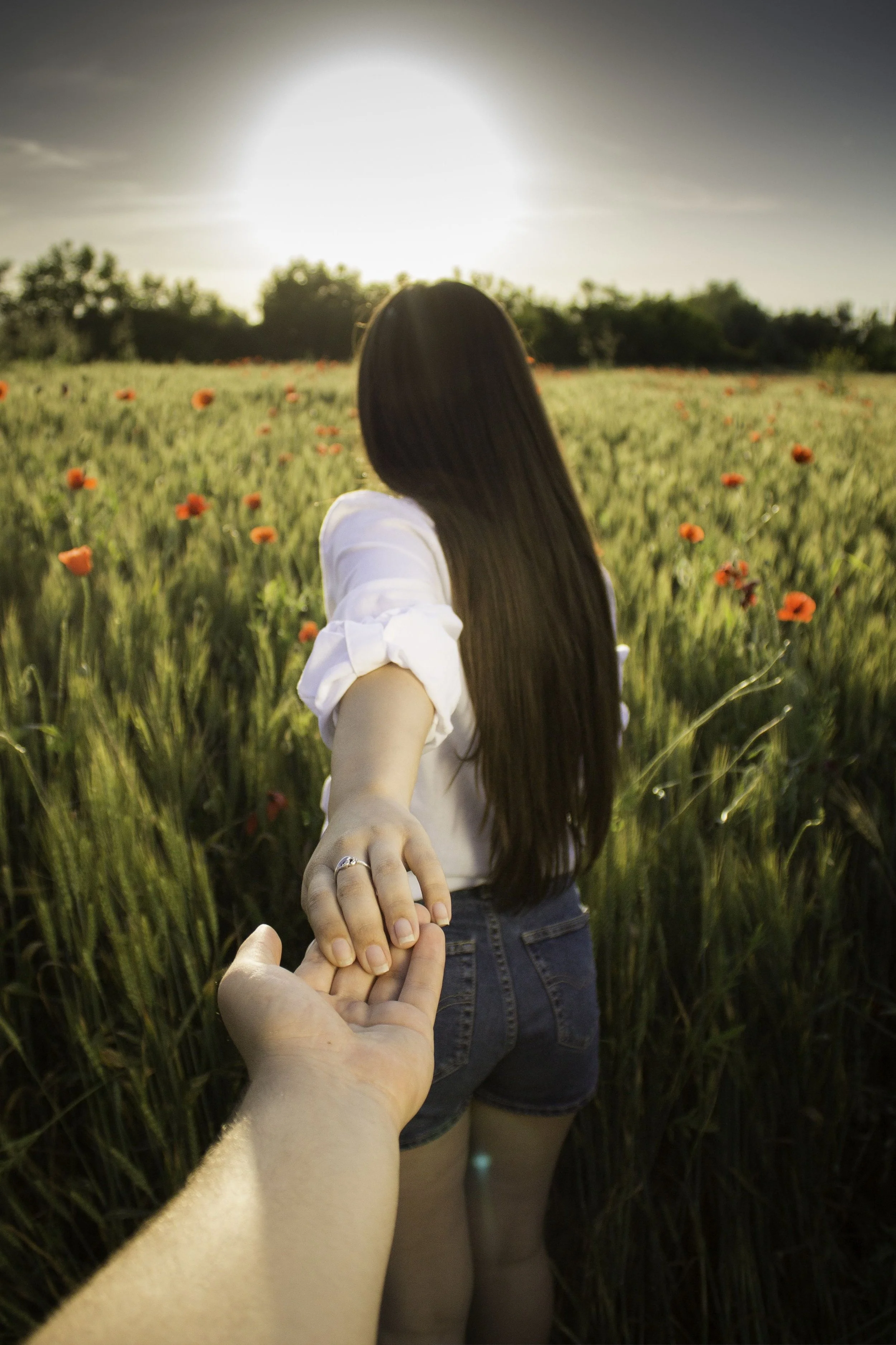 A woman with long dark hair and a white shirt leading a person by the hand through a field of tall grass and red flowers at sunset.