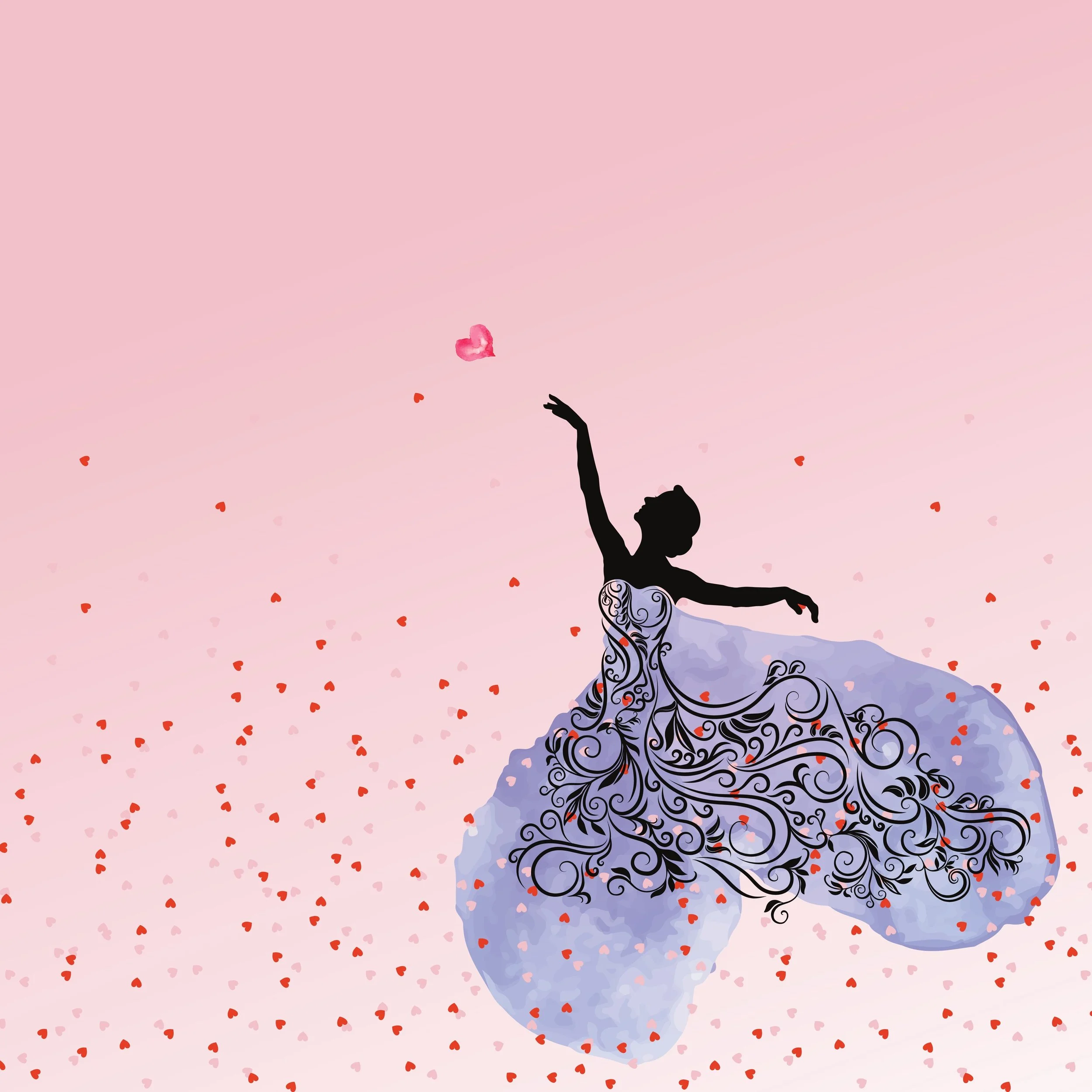 Silhouette of a ballet dancer in a flowing, ornate dress with swirling black patterns, performing a graceful pose against a pink background with floating red and pink flower petals.