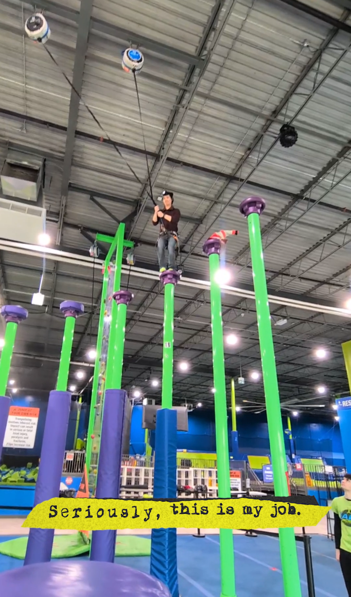 Jumping off a 2-story pillar for a shot