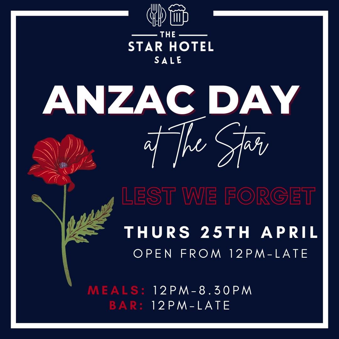 The Star Hotel Sale will be open on Anzac Day. 

On Thursday 25th April our doors will be open from 12pm-late for anyone wanting to come in, spend time with loved ones and celebrate the values of true anzac spirit: courage, ingenuity, endurance, good