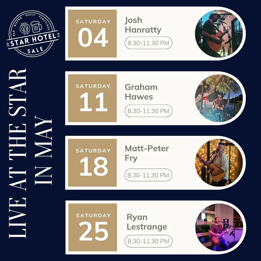 What's on for May. 

We'll be entertained by @joshhanratty_ @grahambrianhawes @mattpeterfry &amp; @ryan.lestrange.guitar 

We'll dance the night away with @f.a.n.c.y.d.i.s.c.o

We'll celebrate our mums on Mother's Day &amp; we'll be wowed be talented