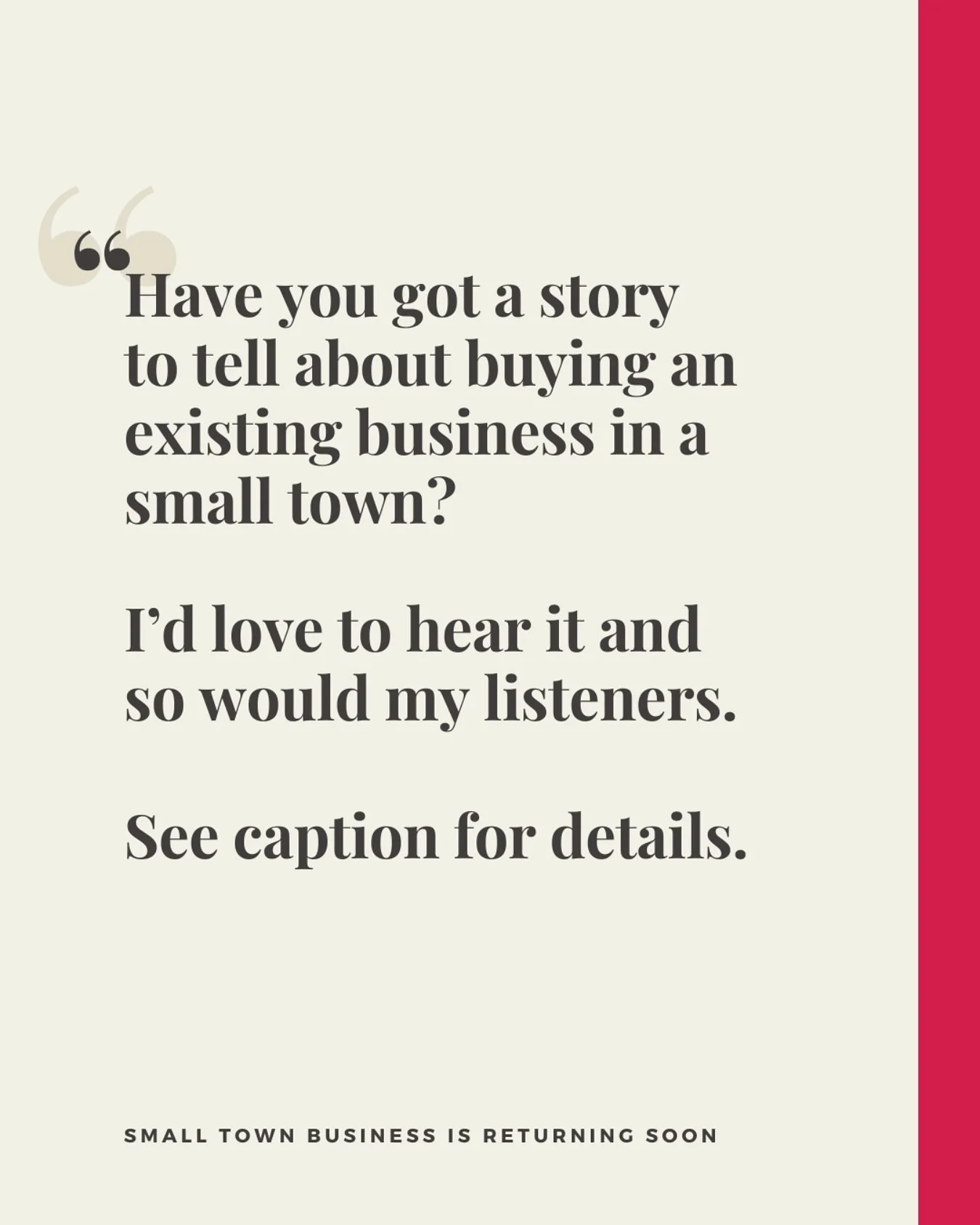 Hey listeners 👋 I&rsquo;m almost back, thanks for waiting 😬 I&rsquo;m going to try something a little different this season and I would love your help. My first episode centres around the story of someone who bought an established business and thei