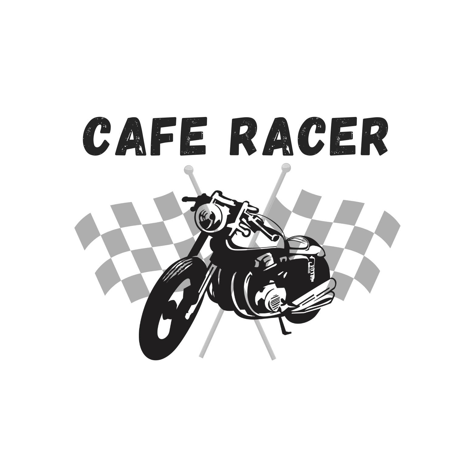 Illustration of a cafe racer motorcycle with checkered flags and the text "Cafe Racer" above.