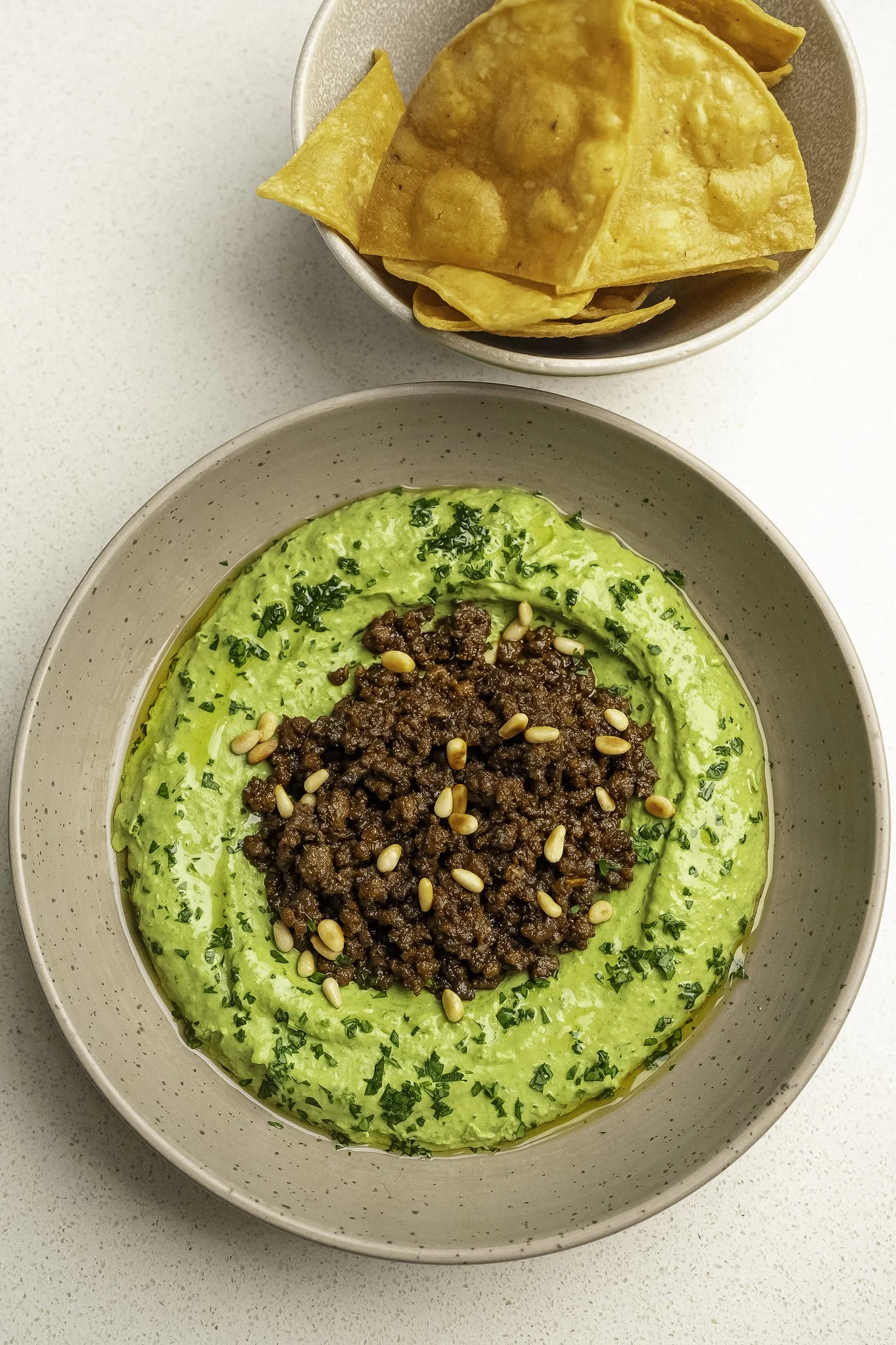 Green Hummus, Beef, and Tortilla Chips 