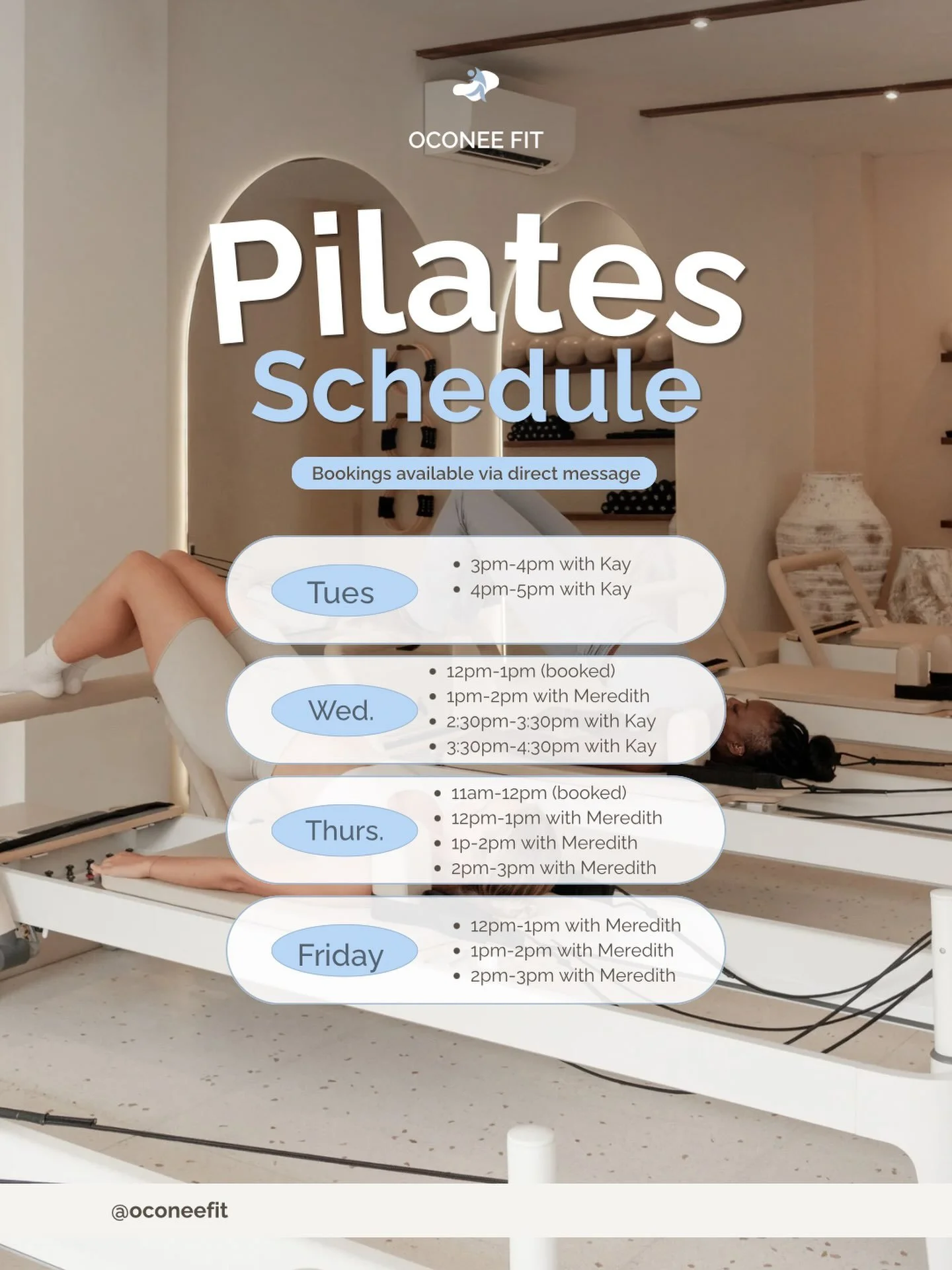 Check out our private and semi-private reformer Pilates schedule for this week (September 14-18). Please send me a DM if you&rsquo;re interested in booking a spot! 30 dollars for private and 25 dollars each for semi-private. 💙💪