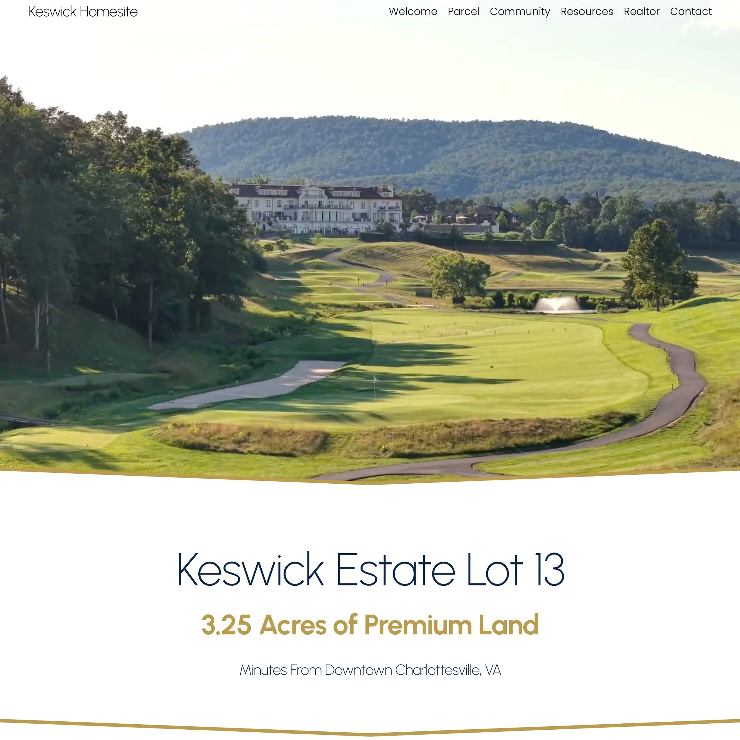 A website header with a photo of a golf course and a large house in the background. Text overlay promoting a lot for sale: 'Keswick Estate Lot 13, 3.25 Acres of Premium Land, Minutes From Downtown Charlottesville, VA.'