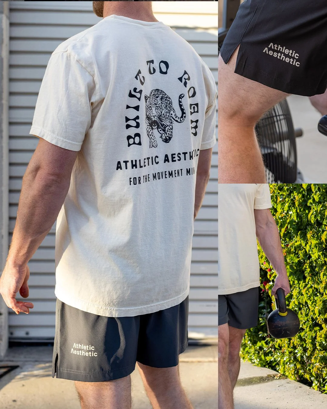 Man wearing athletic clothing, including a white t-shirt with a tiger graphic and text, and black shorts with 'Athletic Aesthetic' written on them, standing outdoors near a green hedge and holding a kettlebell.