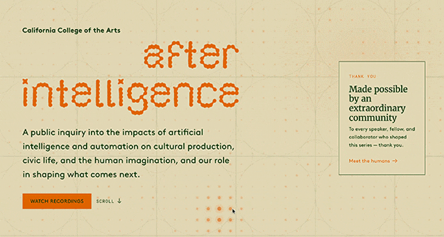 CCA 'After Intelligence' homepage with the title in animated orange dot-matrix type over a beige grid, introducing a public inquiry into AI's cultural impact.
