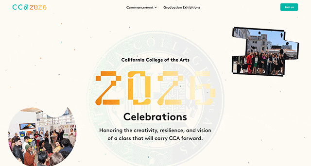 CCA 2026 Celebrations homepage: an animated pixel '2026' headline over a faded college seal, framed by student exhibition photos.