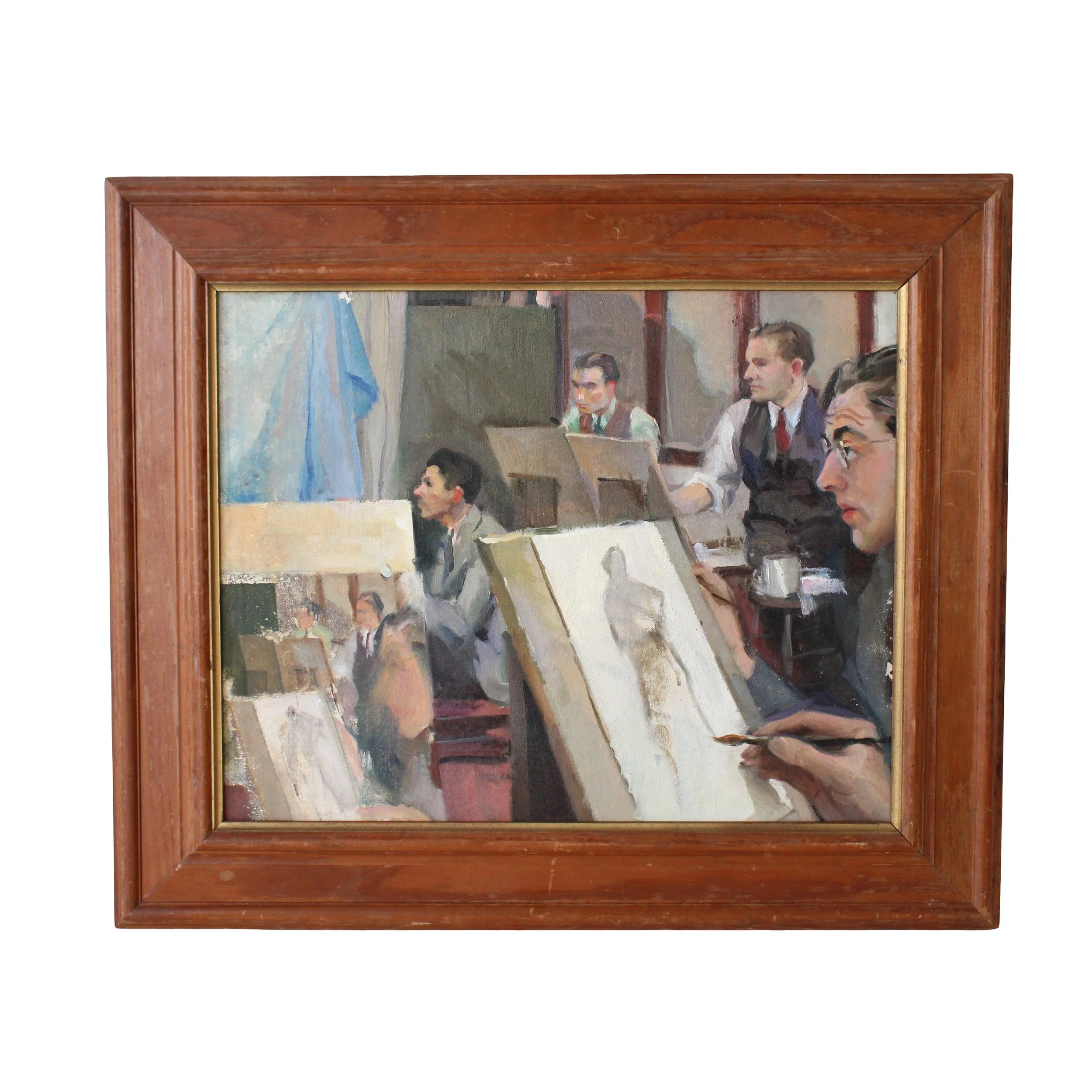 Painting of four men in profile looking to the left and painting a figure with an incomplete painting of the scene lower left all in a medium brown wood frame