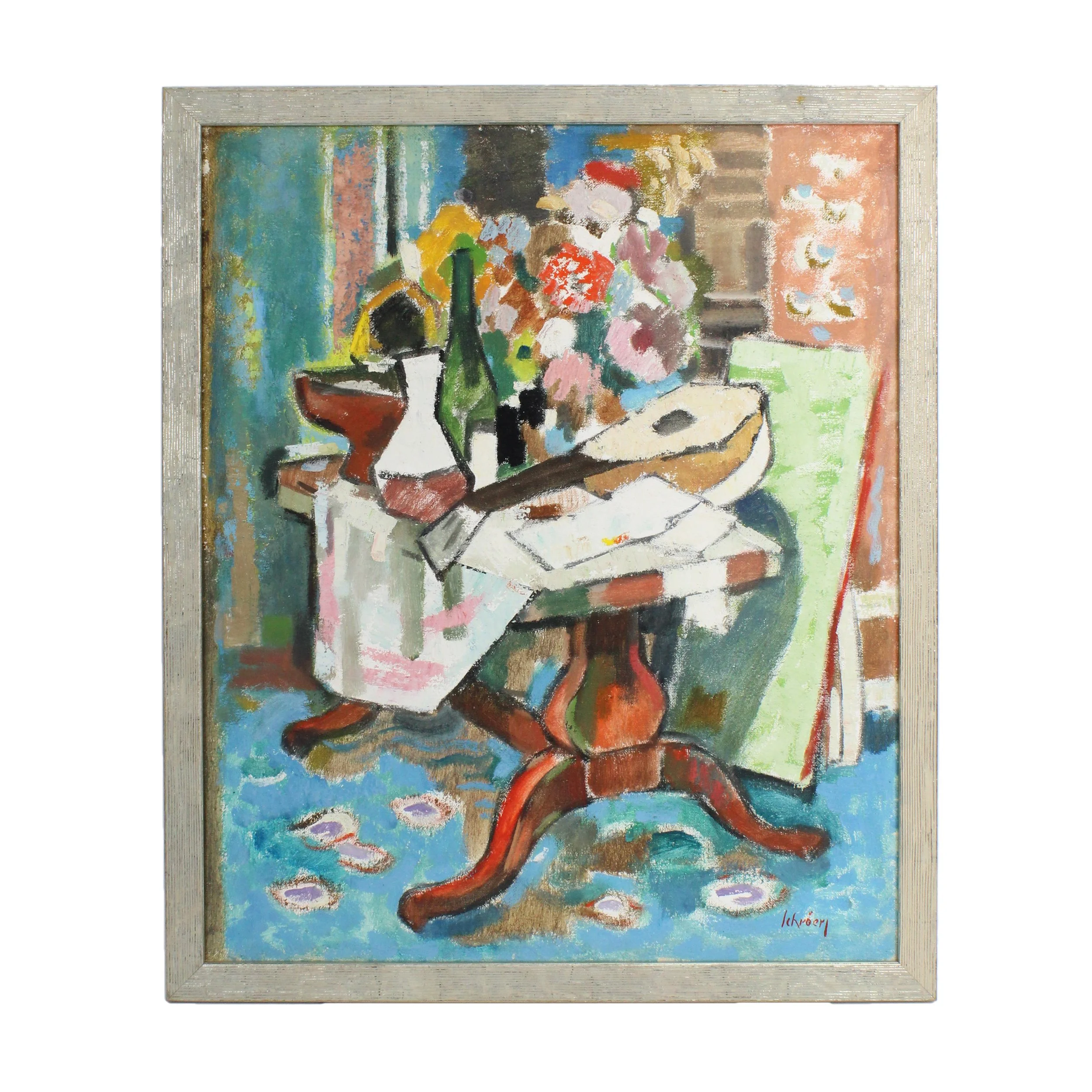 A silver framed painting of a colorful room with brown wood table with a white table cloth, a lute, a white vase, and rainbow colored flower bouquet.