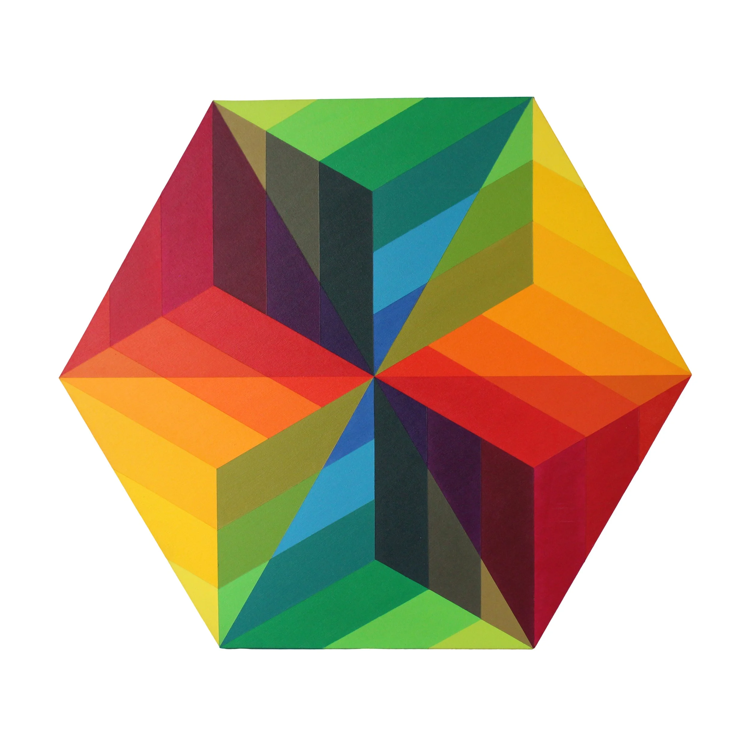 Hexagonal geometric painting with red yellow blue green purple and orange striped section