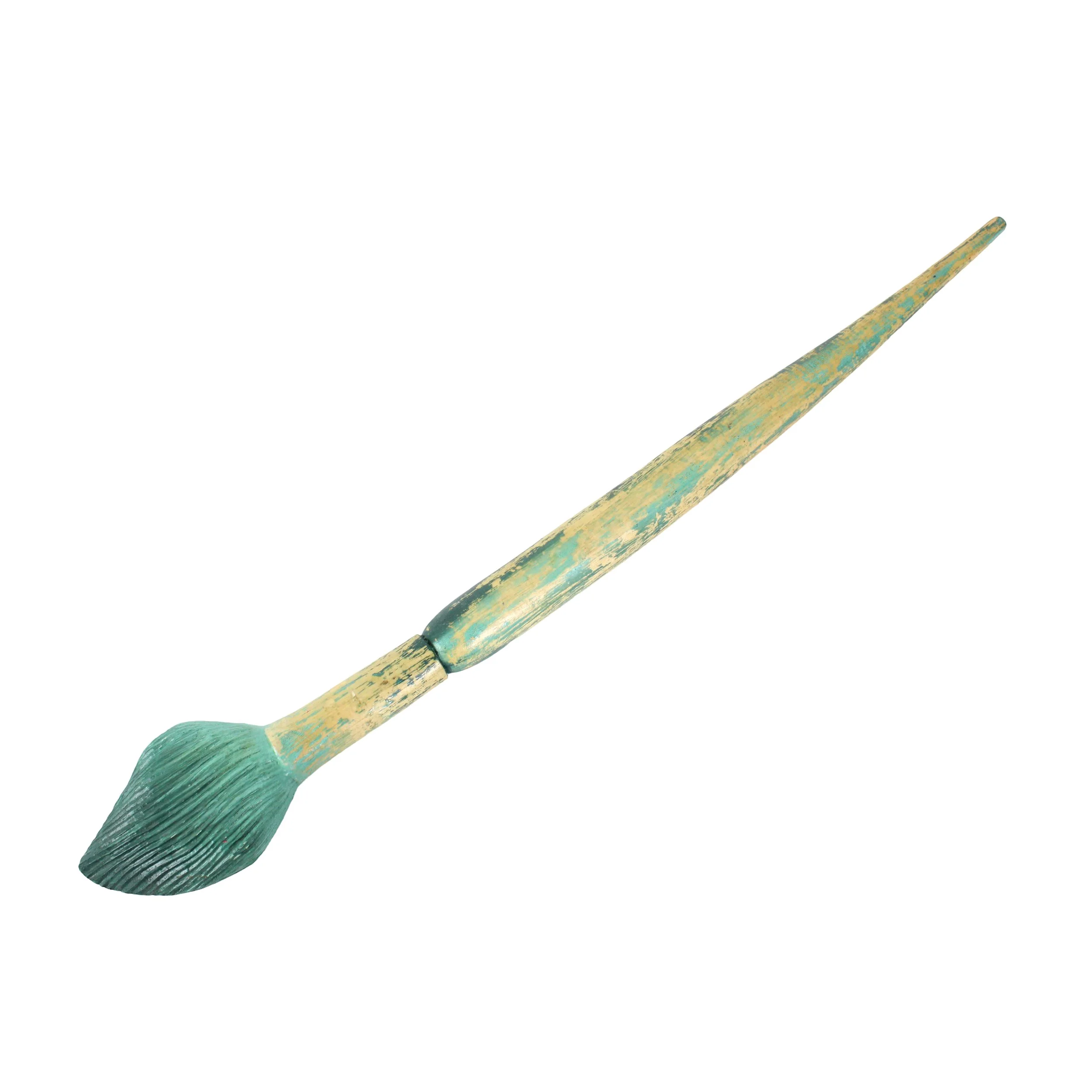 Long carved wood paintbrush sculpture with green splattered handle and green brush