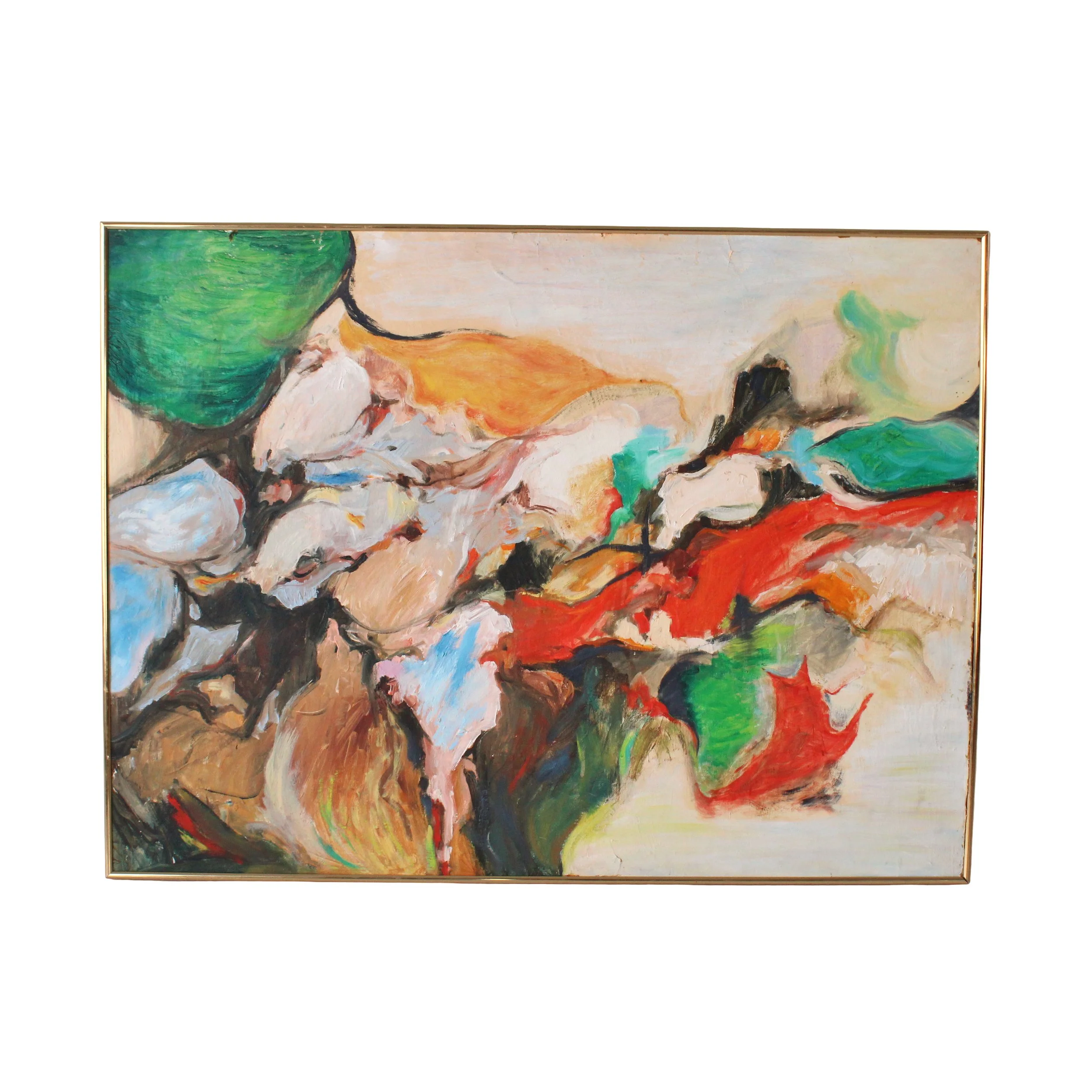 Painting with swirling greens, orange, red, and cream colors in a gold frame
