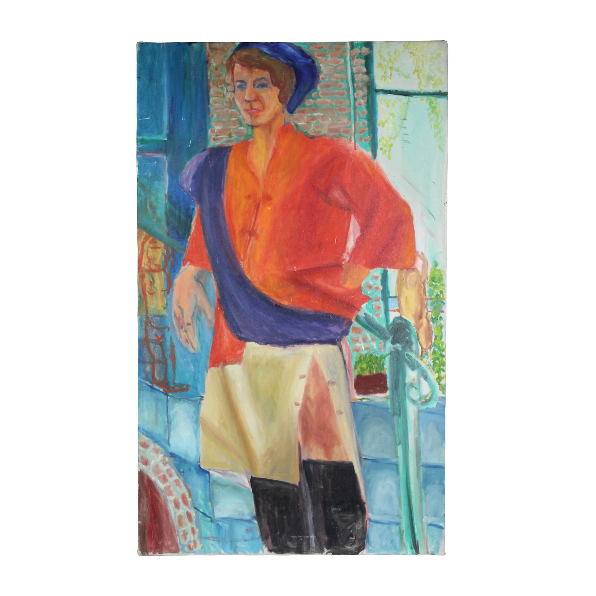Rectangular painting of tall woman wearing a blue hat, red blouse, blue sash, off white skirt, and black thigh high boots