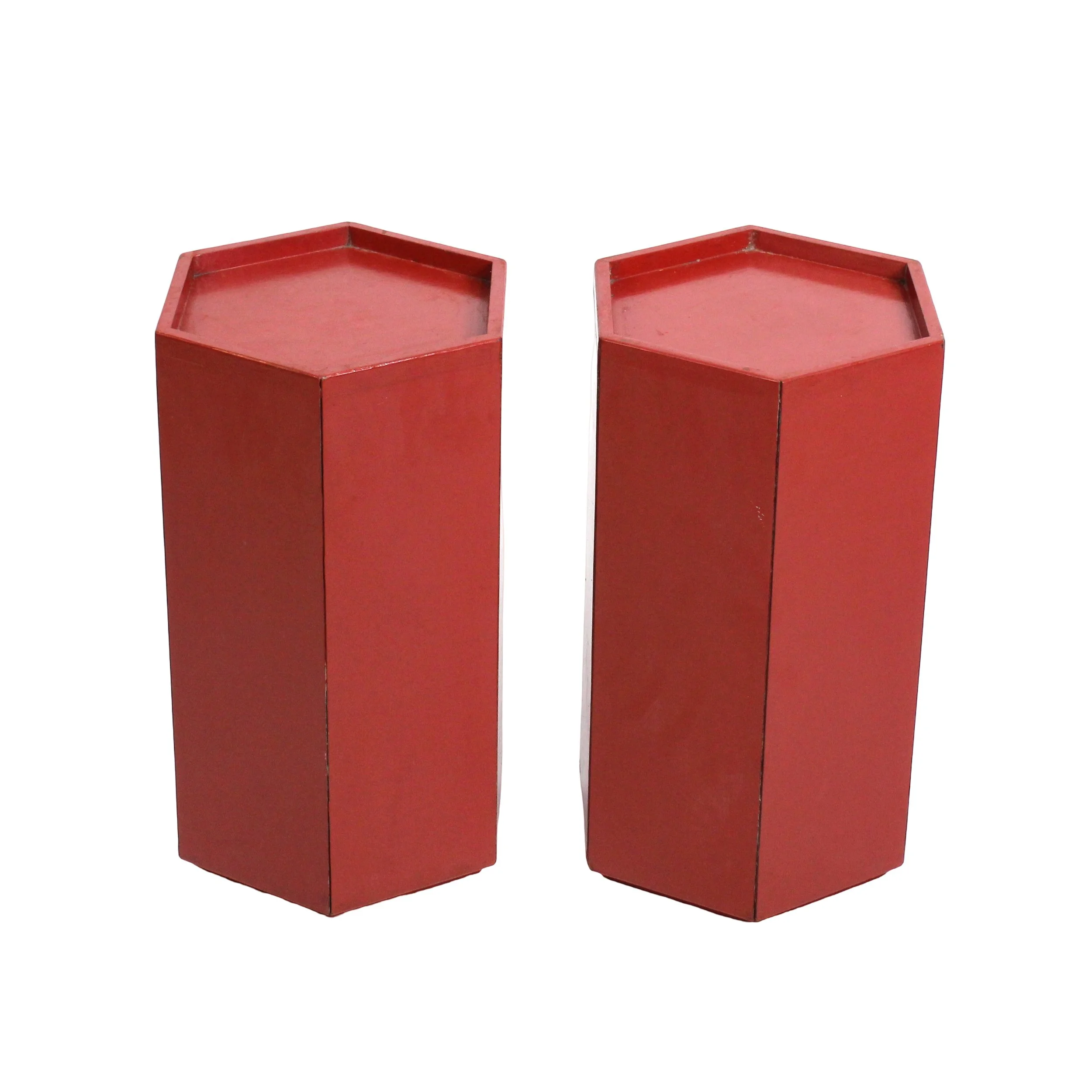 Pair of dark red painted solid wood hexagonal end tables with raised lip around the top edge