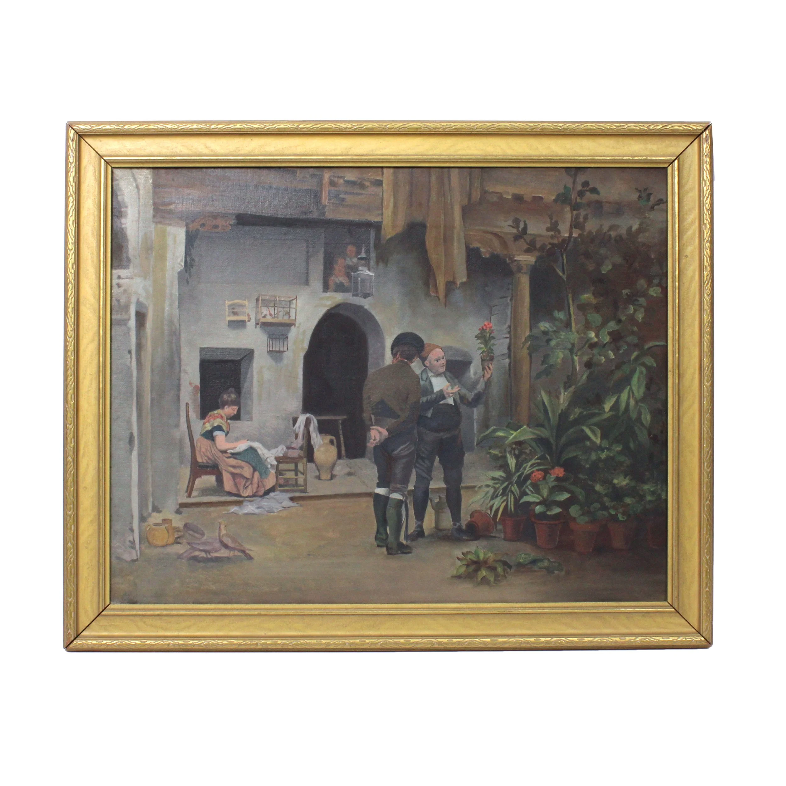 Gold framed painting with muted green, grey, and brown hues. The scene shows two men in front of a grey stucco house, one of them holding a plant, the other looks over his shoulder at a woman sewing.