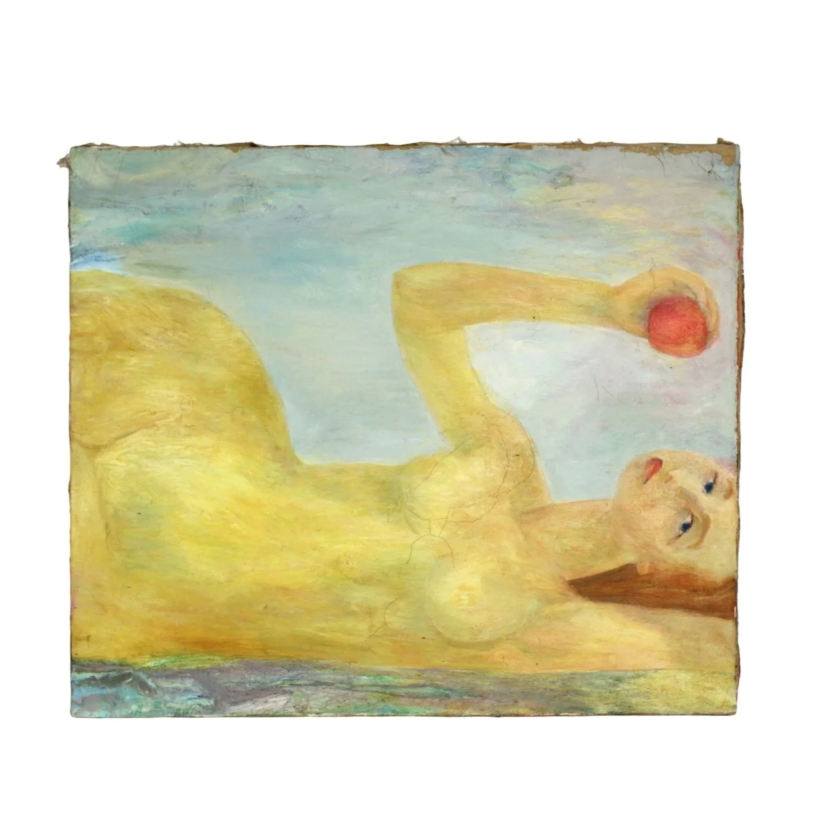 Painting of a nude woman with blue eyes and auburn hair laying on her side holding a red apple over a light blue background (Copy)
