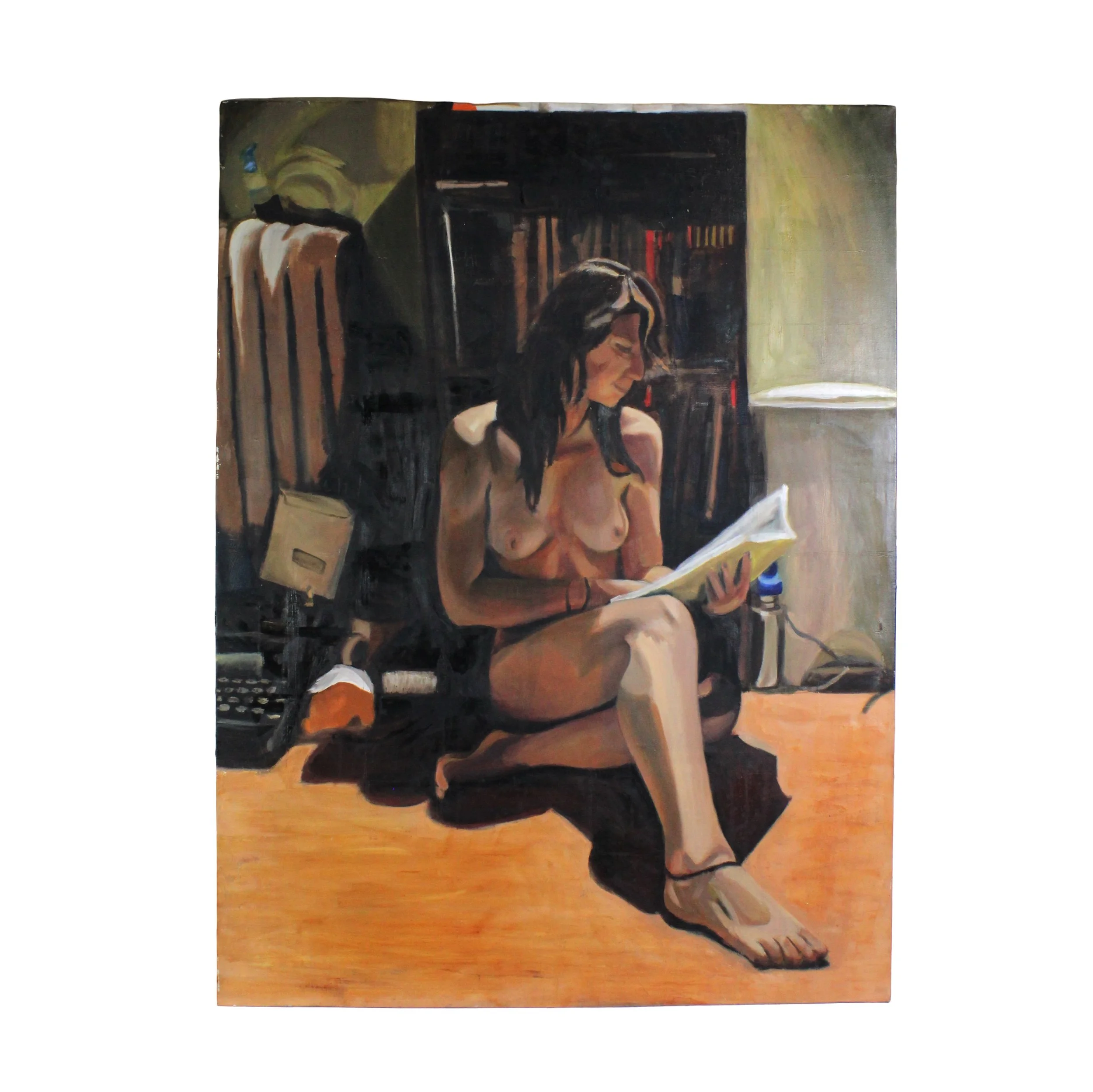 Painting of a naked woman sitting on the floor in a room with a radiator and typewriter and bookcase around her reading a large yellow book