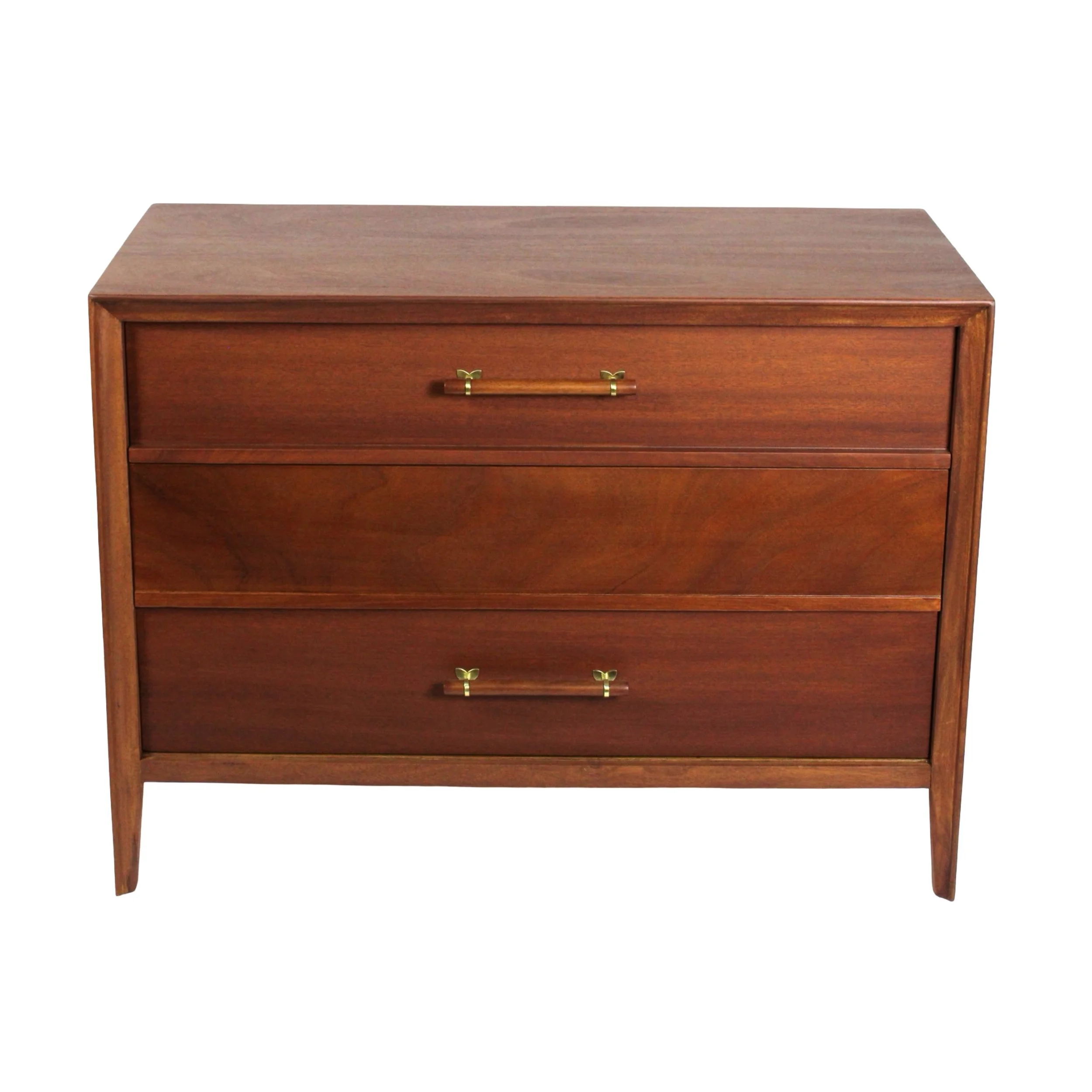 Warm red tone modern style chest of drawers or dresser with cabinet section standing on four tapered legs. Three drawers with the top and bottom drawers have polished brass clover shaped hardware