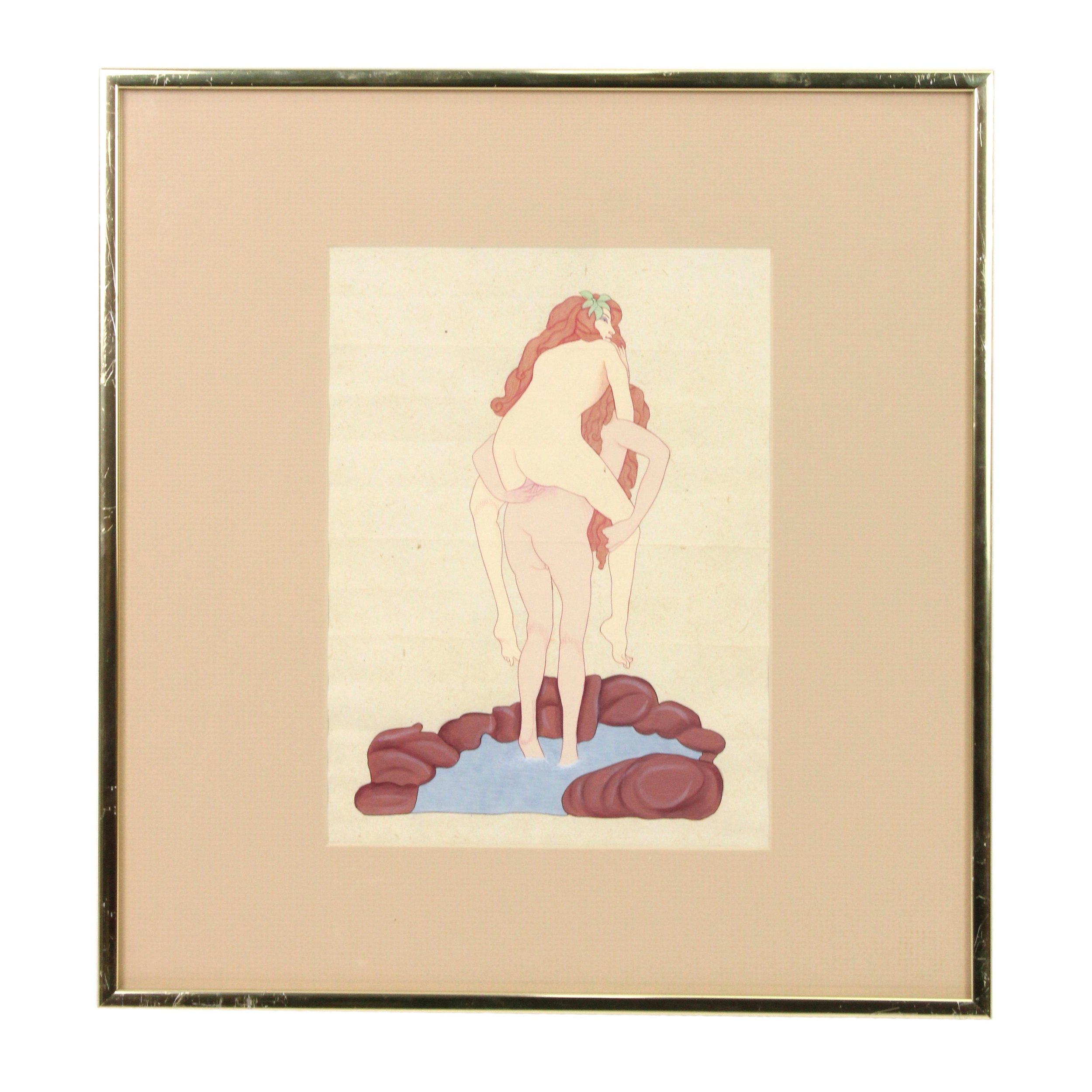A painting of two fairylike women with long brown hair, one held on the back of the other, in a gold frame. Their backs are shown, and one of the women is reaching between the legs of the other.