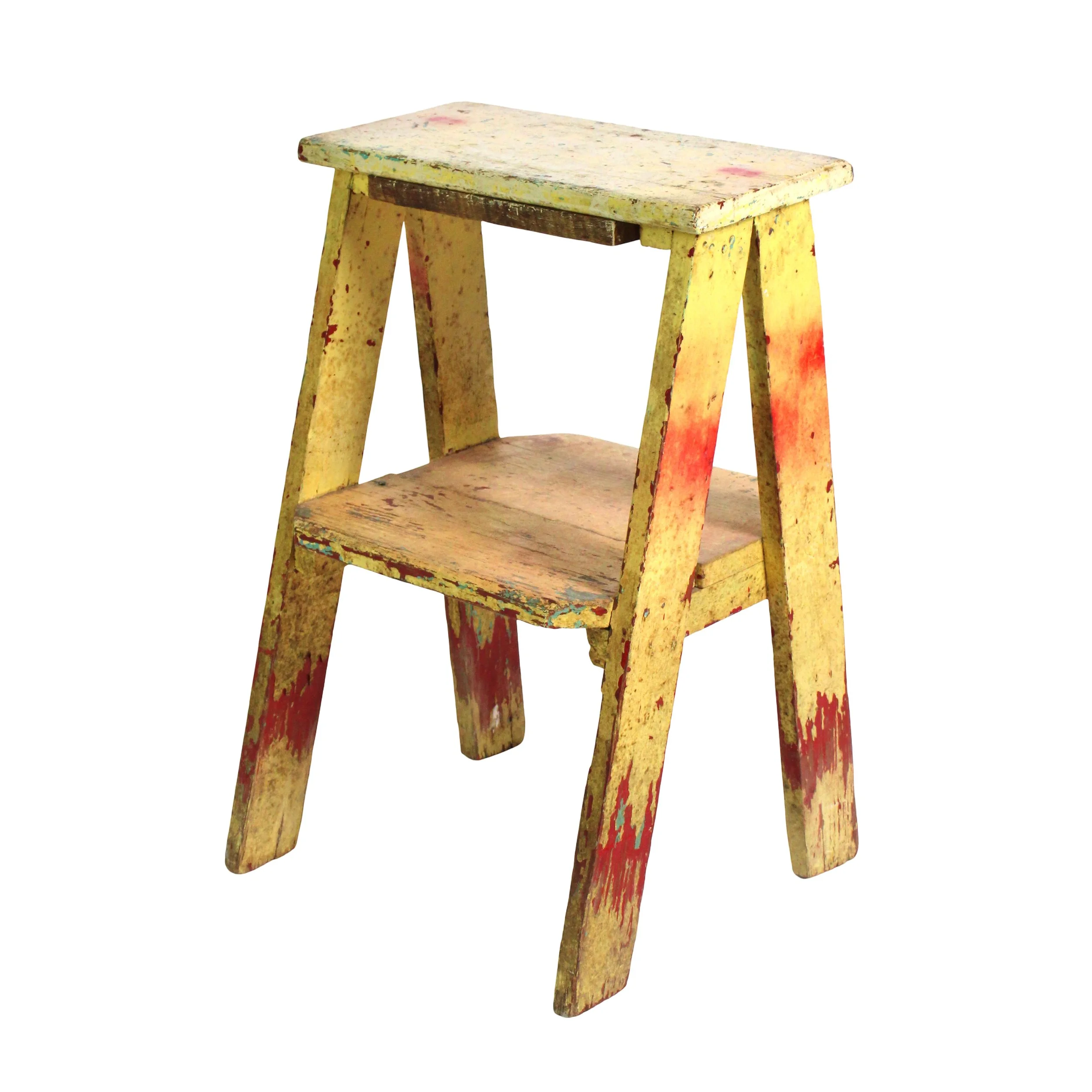 Rustic small two step step ladder with red and green splatter paint on yellow painted wood