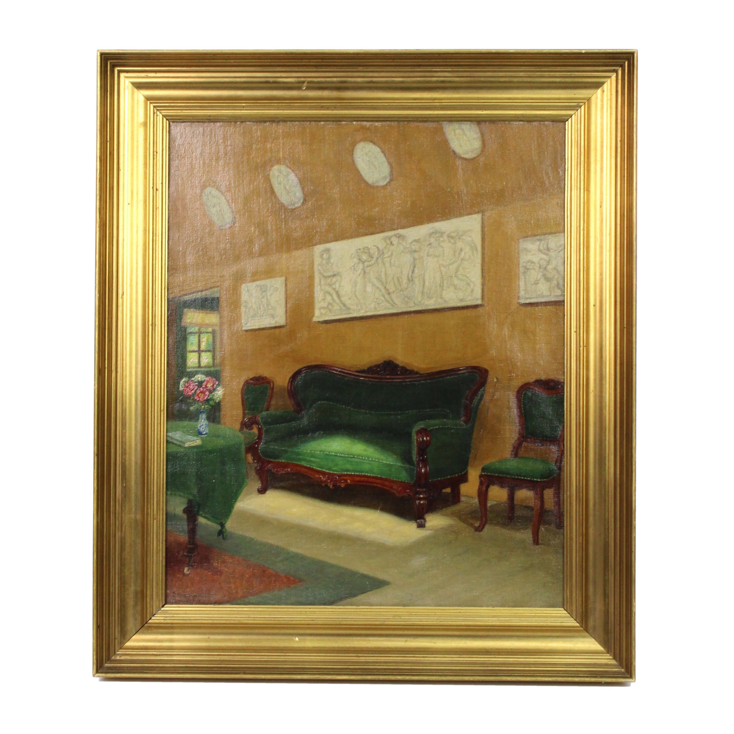 Rectangular painting in a gold frame of the interior of a furnished house. Most prominent is a deep green couch and two matching green dining chairs. Above the sofa is a large white marble relief.