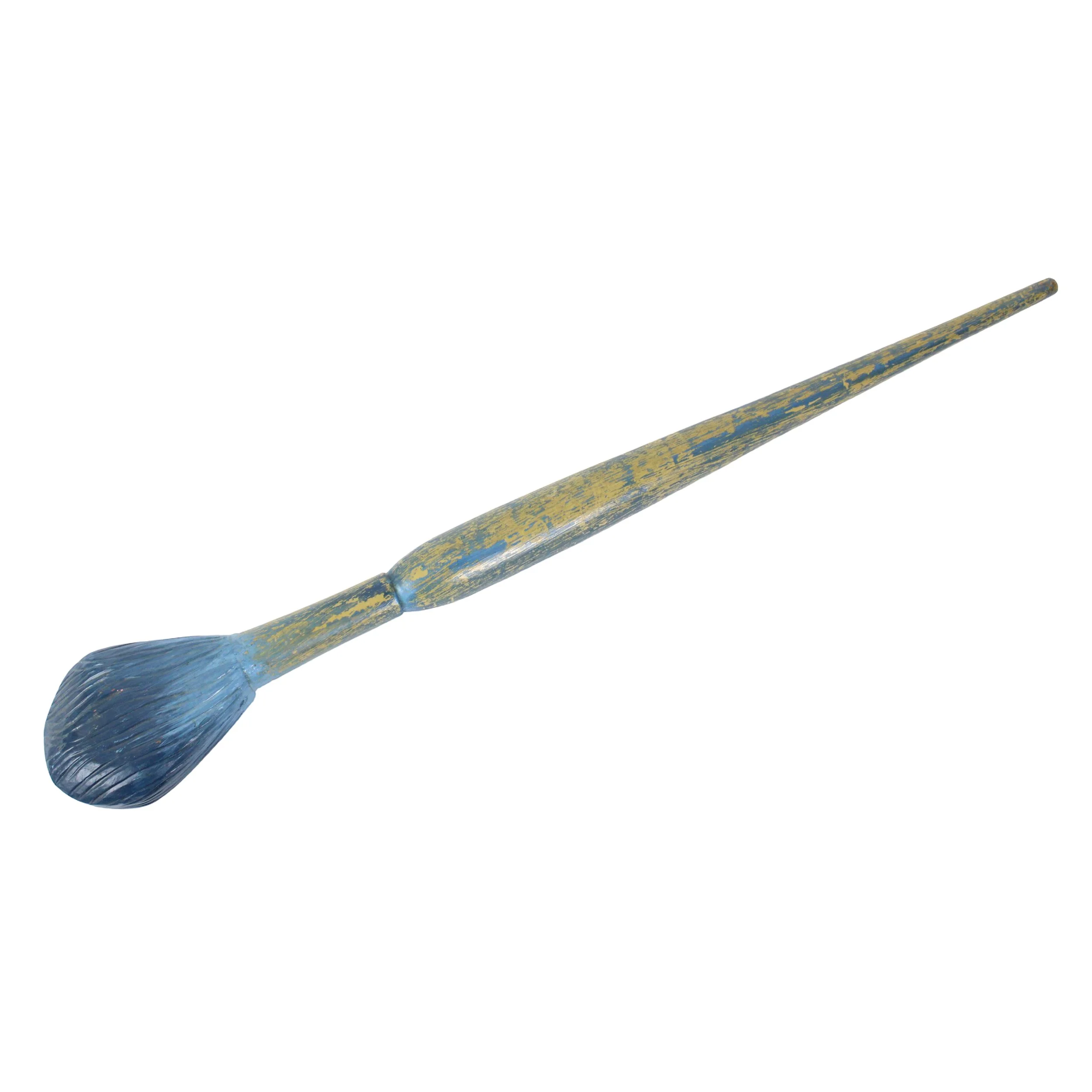 Long carved wood paintbrush sculpture with blue splattered handle and blue brush