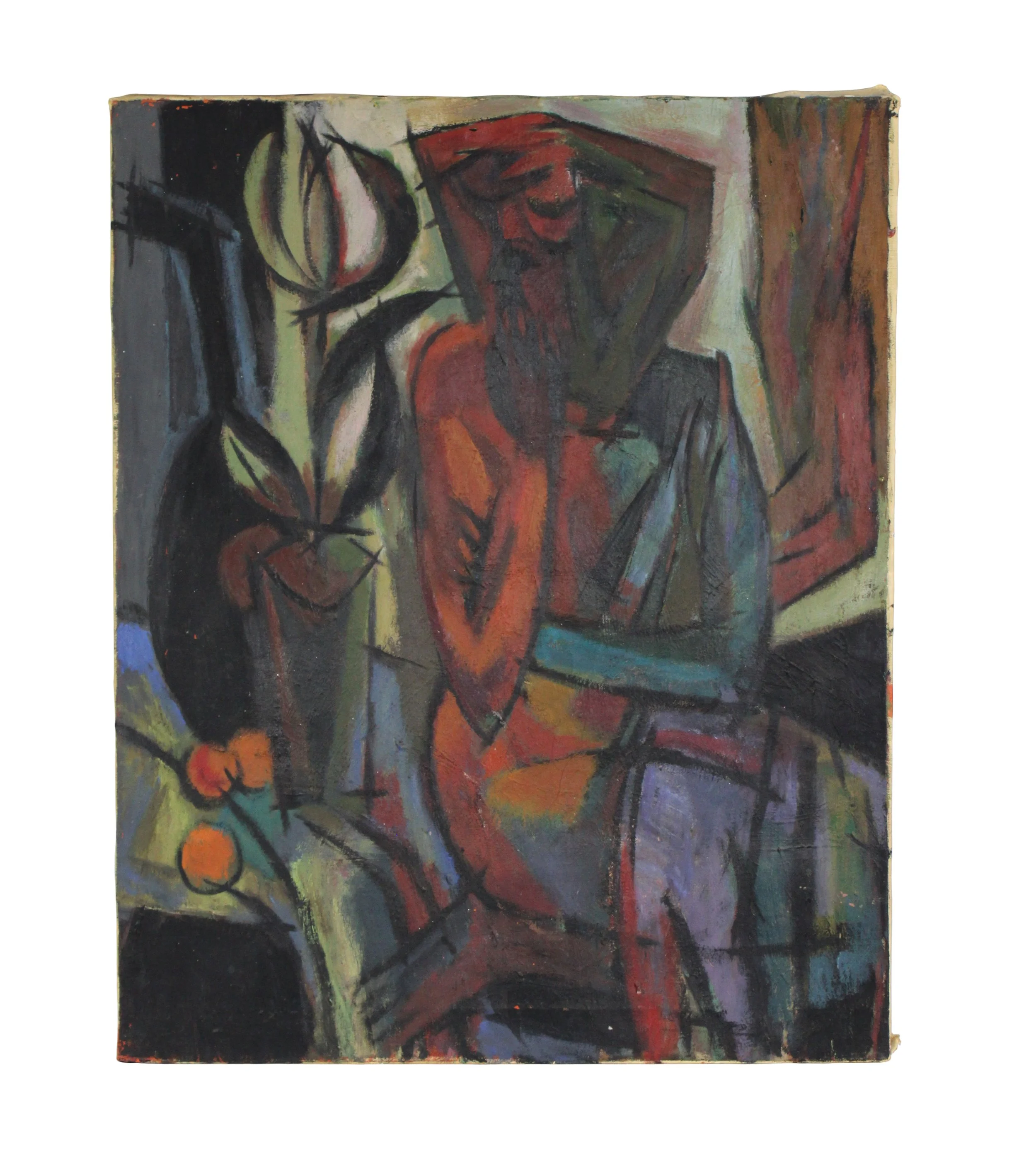 Cubist painting featuring a boldly outlined seated red and blue woman looking right to a flower and vase