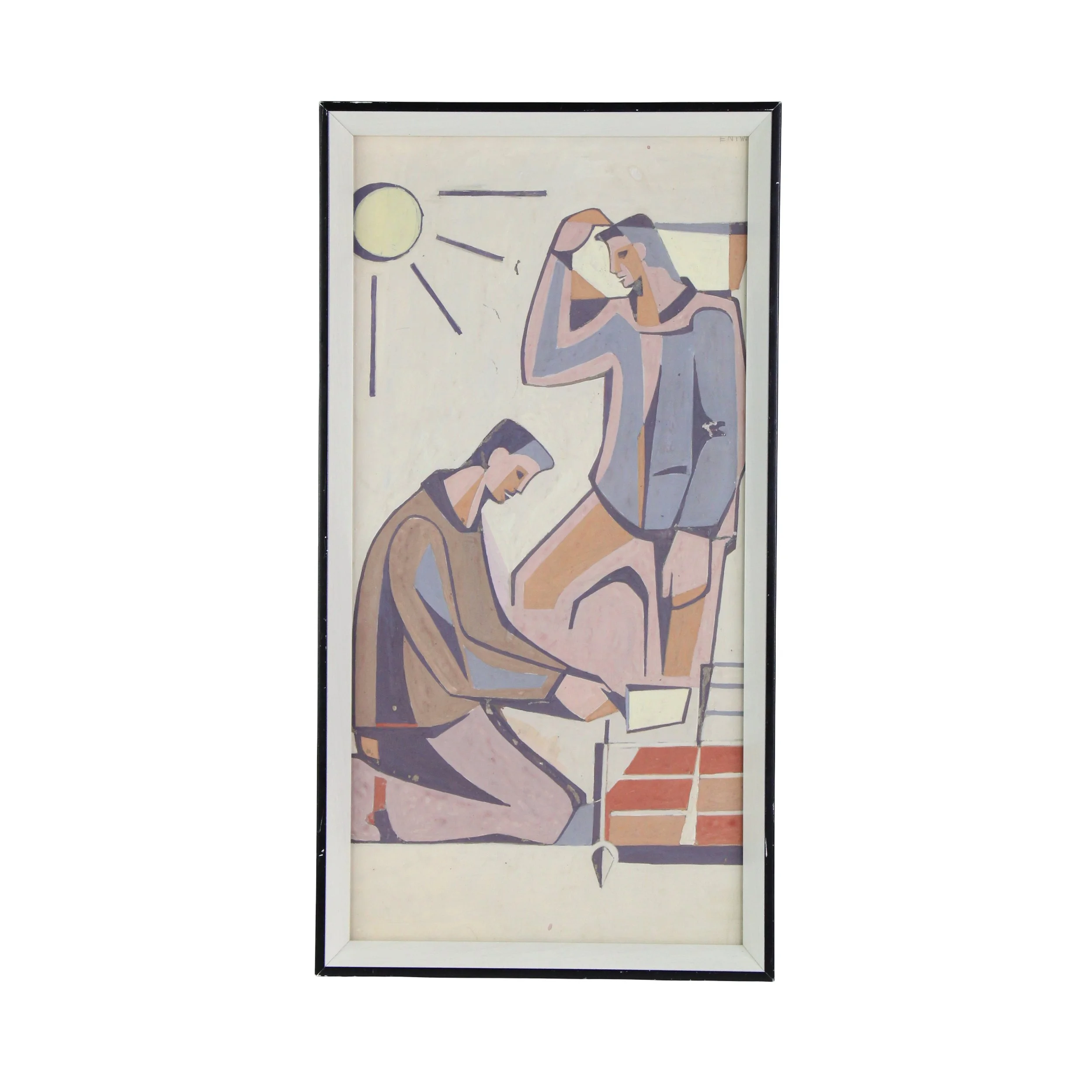 Painting with two men in pastel tones laying red bricks under a sun with rays all in a think black and white frame