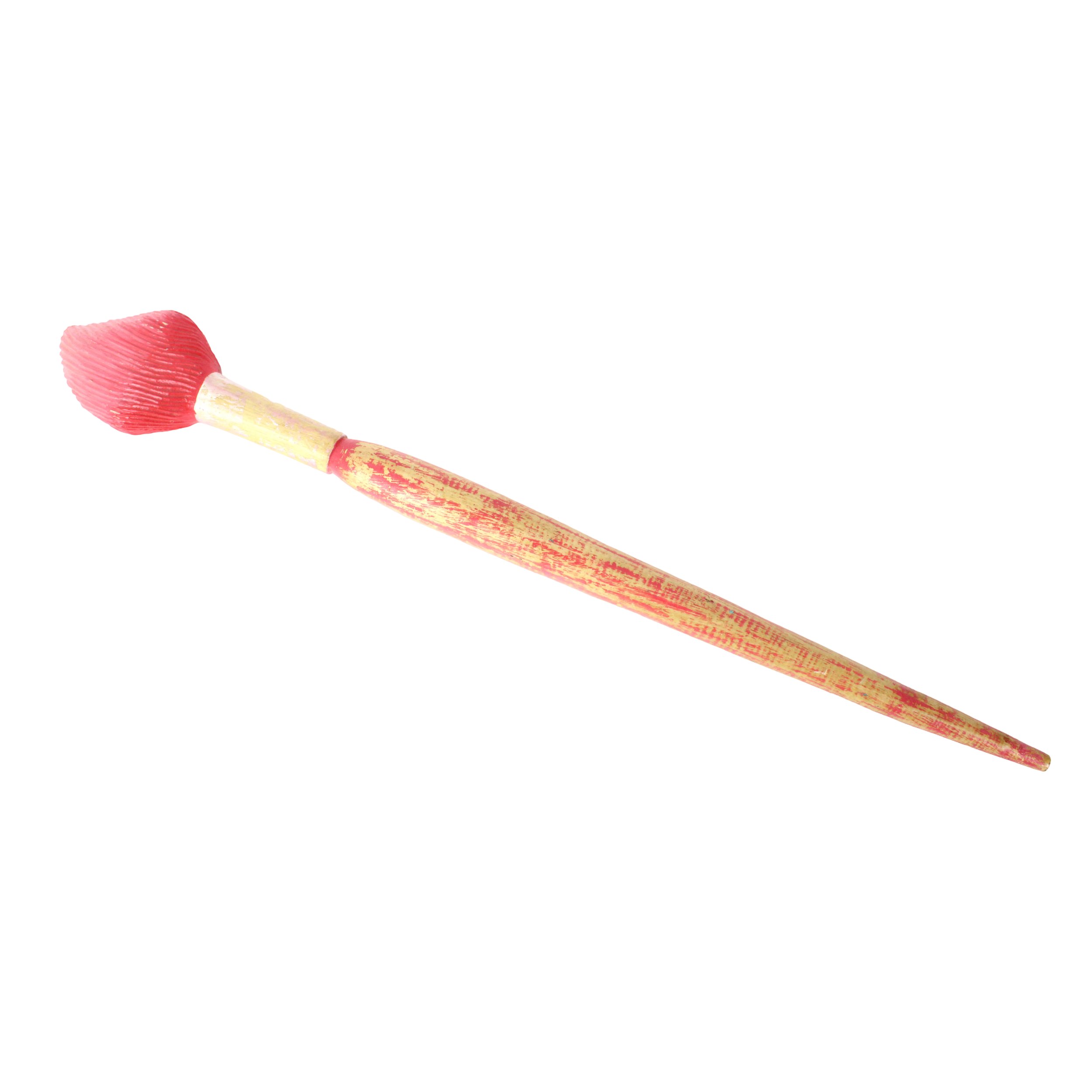Long carved wood paintbrush sculpture with red splattered handle and red brush