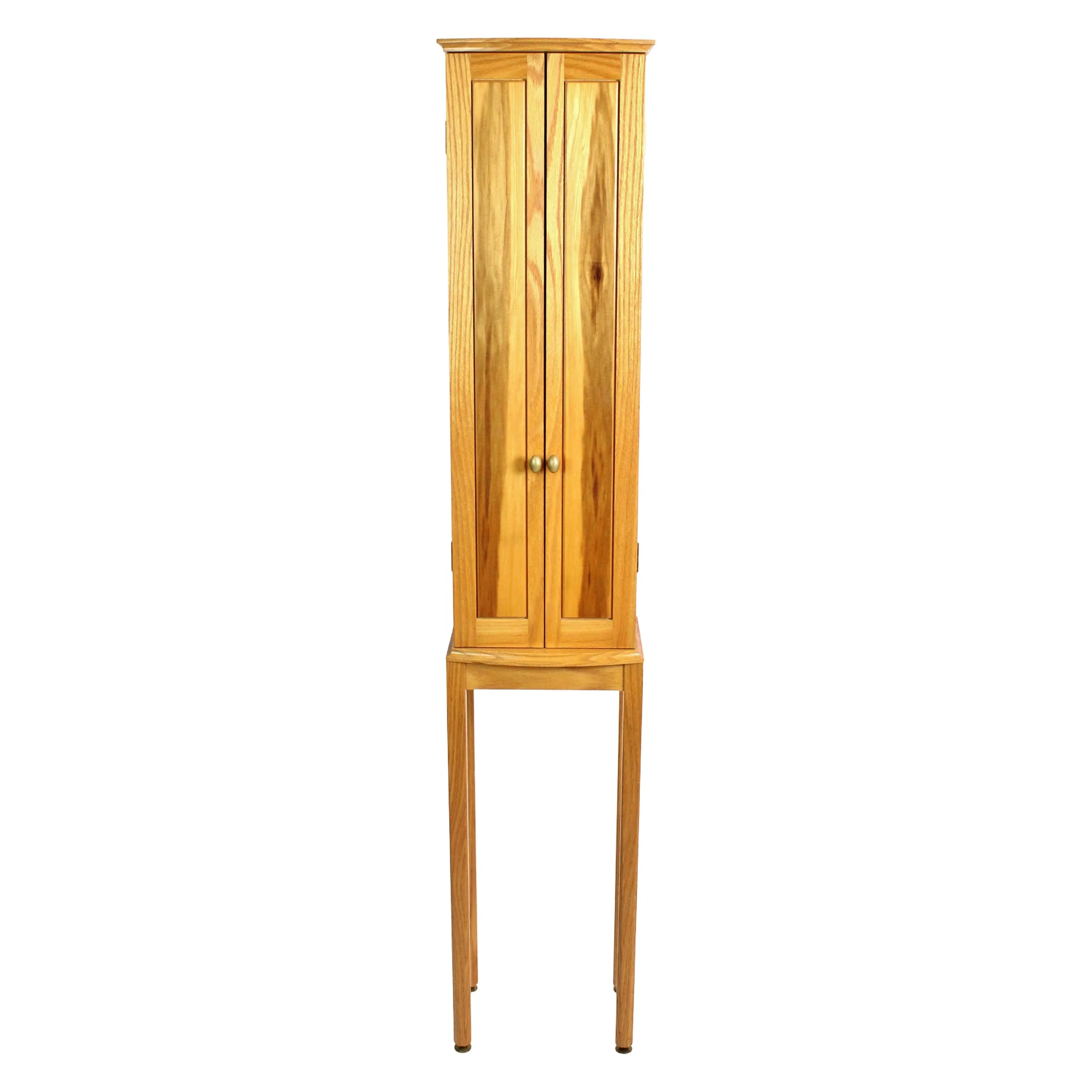 Tall and narrow medium warm brown toned cabinet with two doors on four long legs