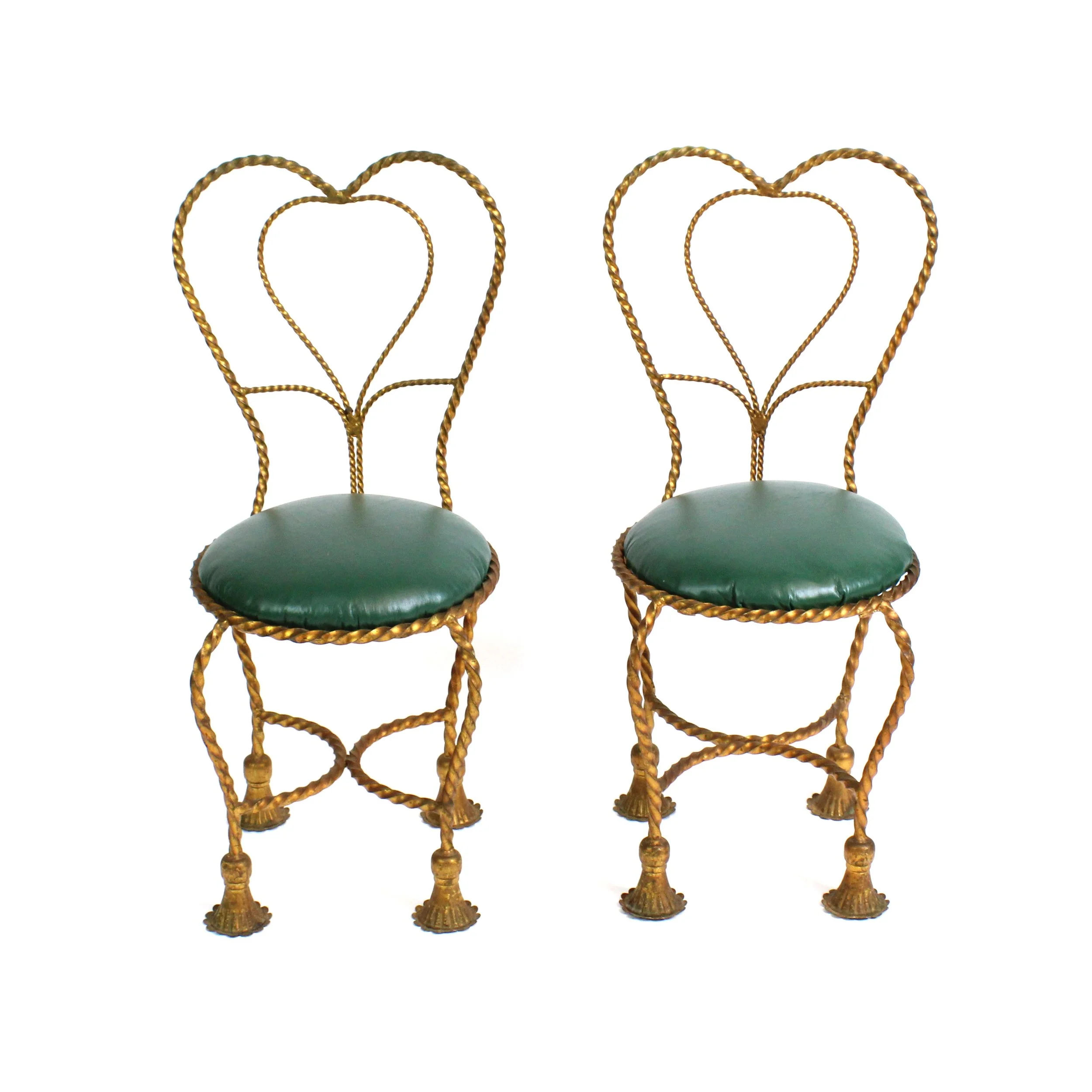 Pair of twisted gold metal framed small chairs with rope tassel shaped feet and round green leather seats