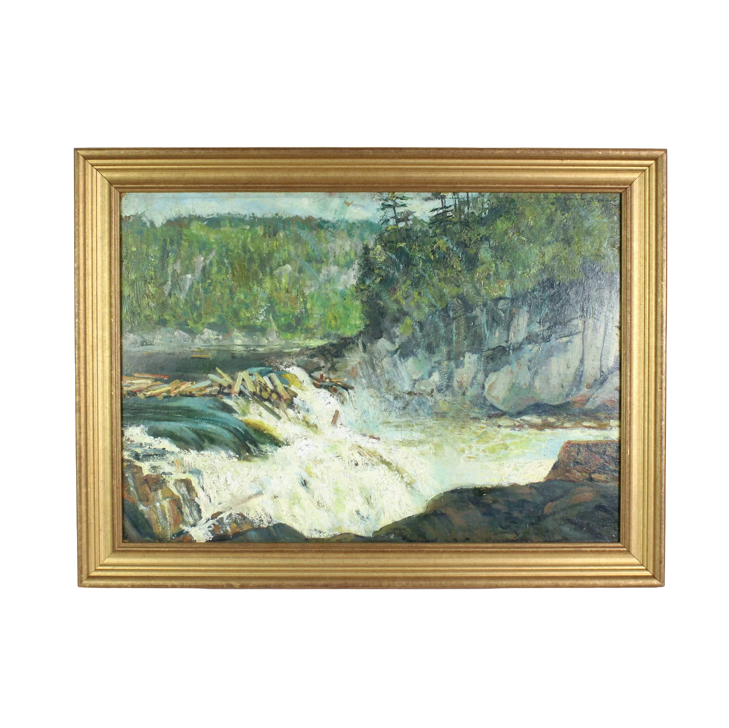 Painting of a roaring river cutting through a forest with water flowing over rocks and long logs hanging over a short falls area in a gold frame