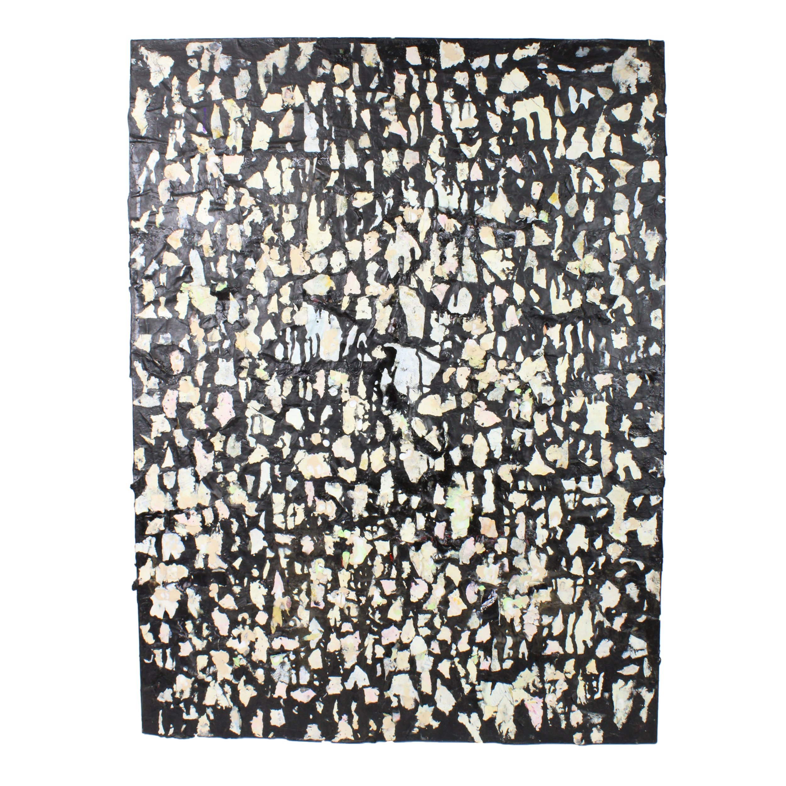 Multimedia painting on a rectangular canvas. Organic and rectangular shapes in pink, green, white, and yellow are created with negative space from black paint. Texture from newspaper creates shadows.