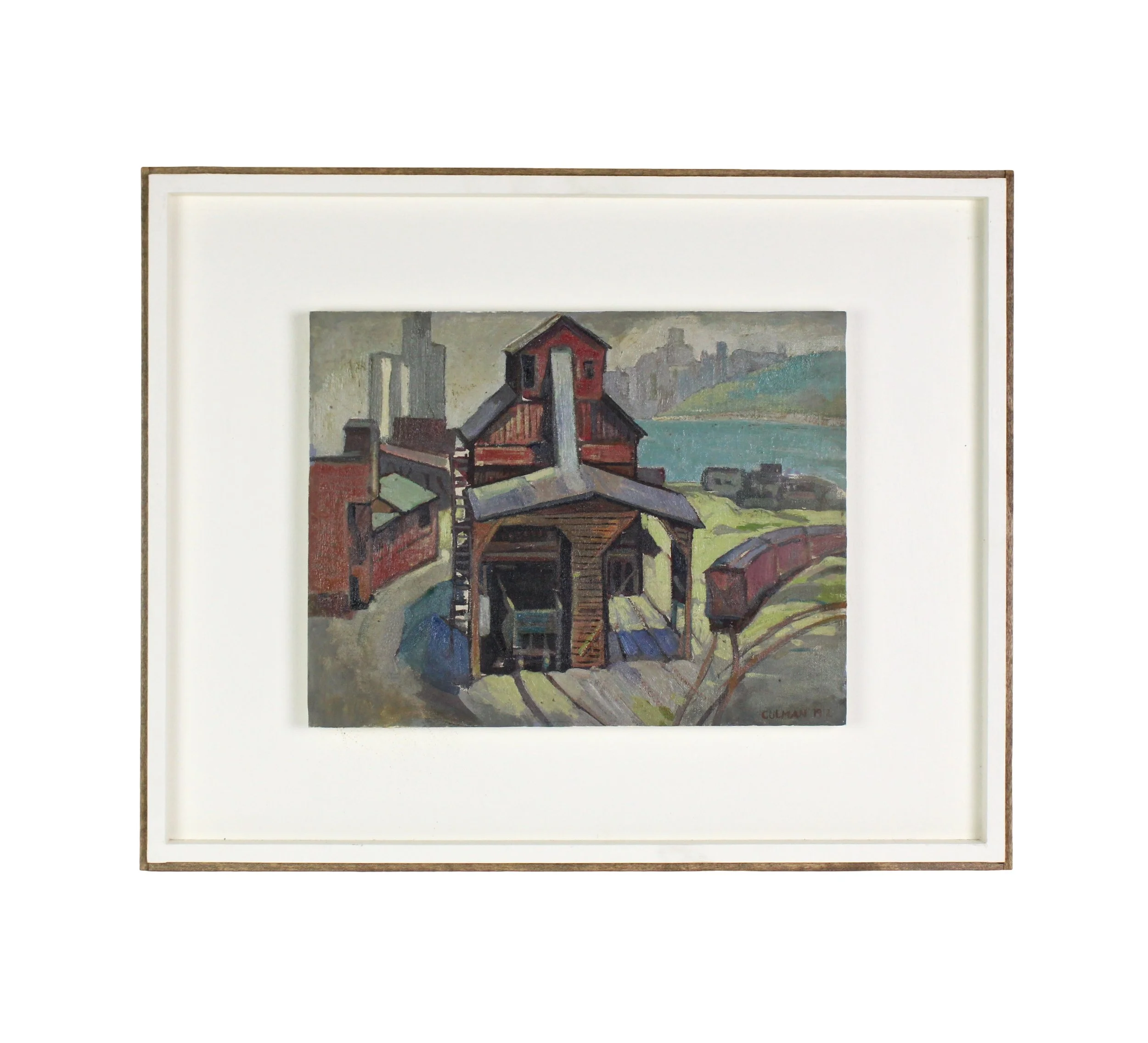 Painting of a industrial waterfront building with a train tracks and box cars with a city in the background all in a wide white frame
