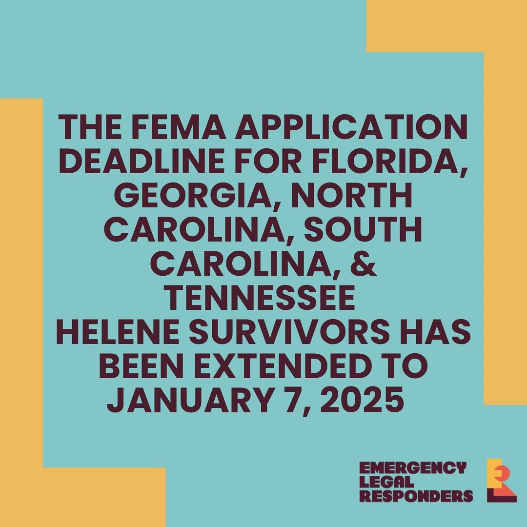 Deadline Update! The FEMA application for Florida, Georgia, North Carolina, South Carolina, and Tennessee Helene Survivors has been extended to January 7, 2025. If you are a survivor in any of these areas check out our posts for tips on applying for 