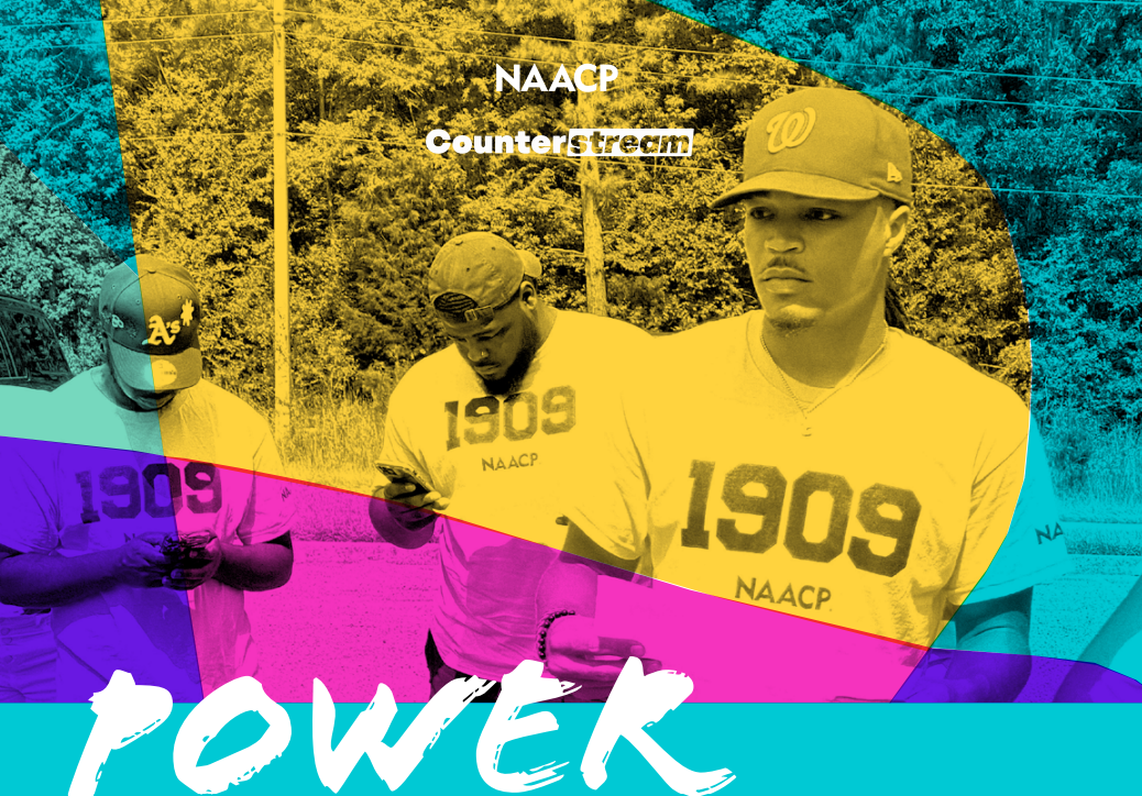 Three young men wearing yellow shirts with '1909 NAACP' are standing outdoors, looking at their phones. They are partially overlaid with colorful geometric shapes. Text on the image includes 'NAACP Counterstream' at the top and 'POWER' at the bottom.
