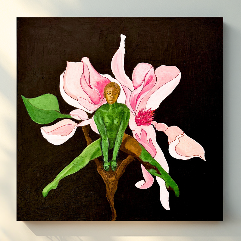 Contemporary feminist art painting of a female body emerging from a pink flower, symbolizing the feminist art movement and reclamation of the woman’s body